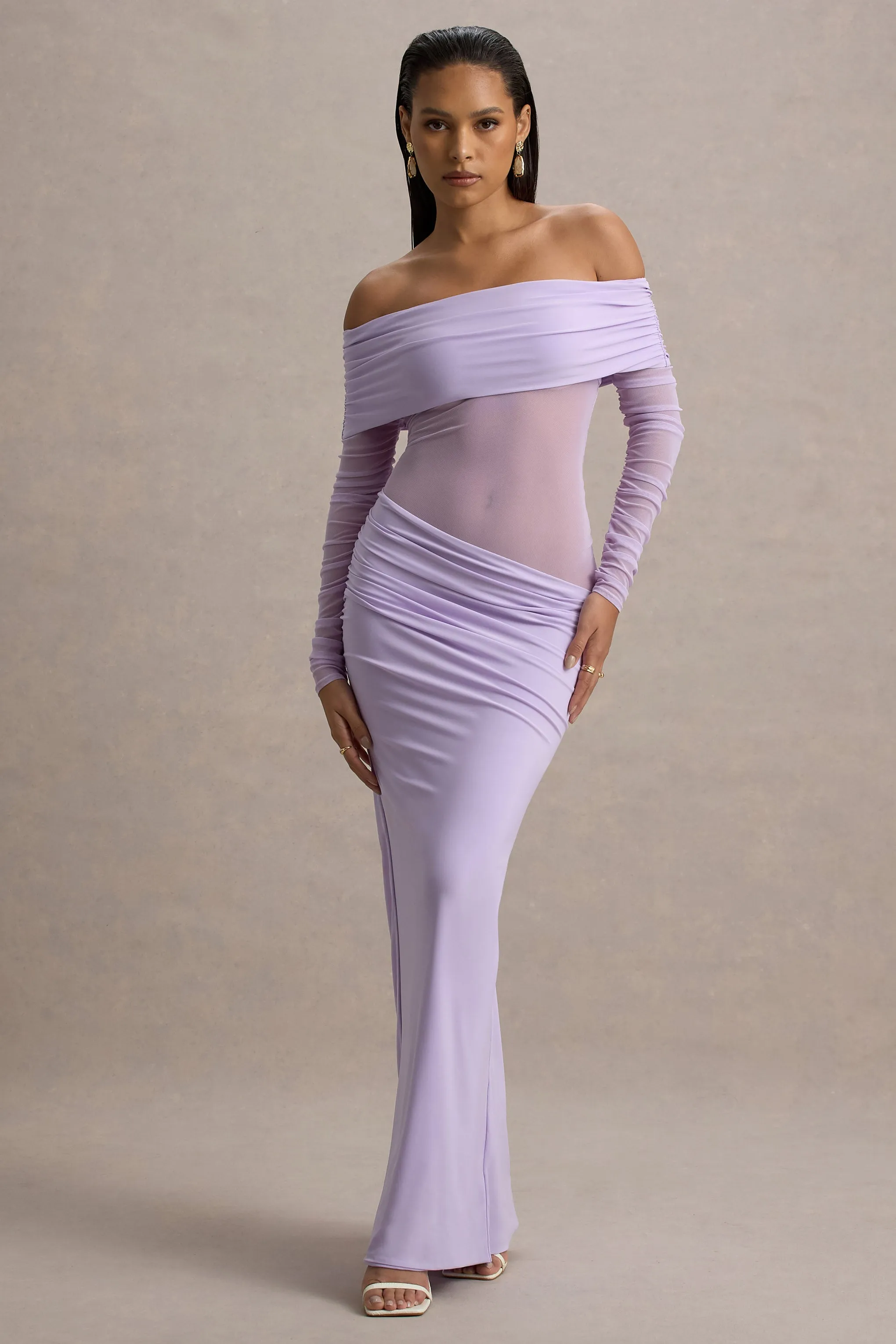 Belamour | Lavender Semi-Sheer Bardot Gathered Maxi Dress sold by Club L London