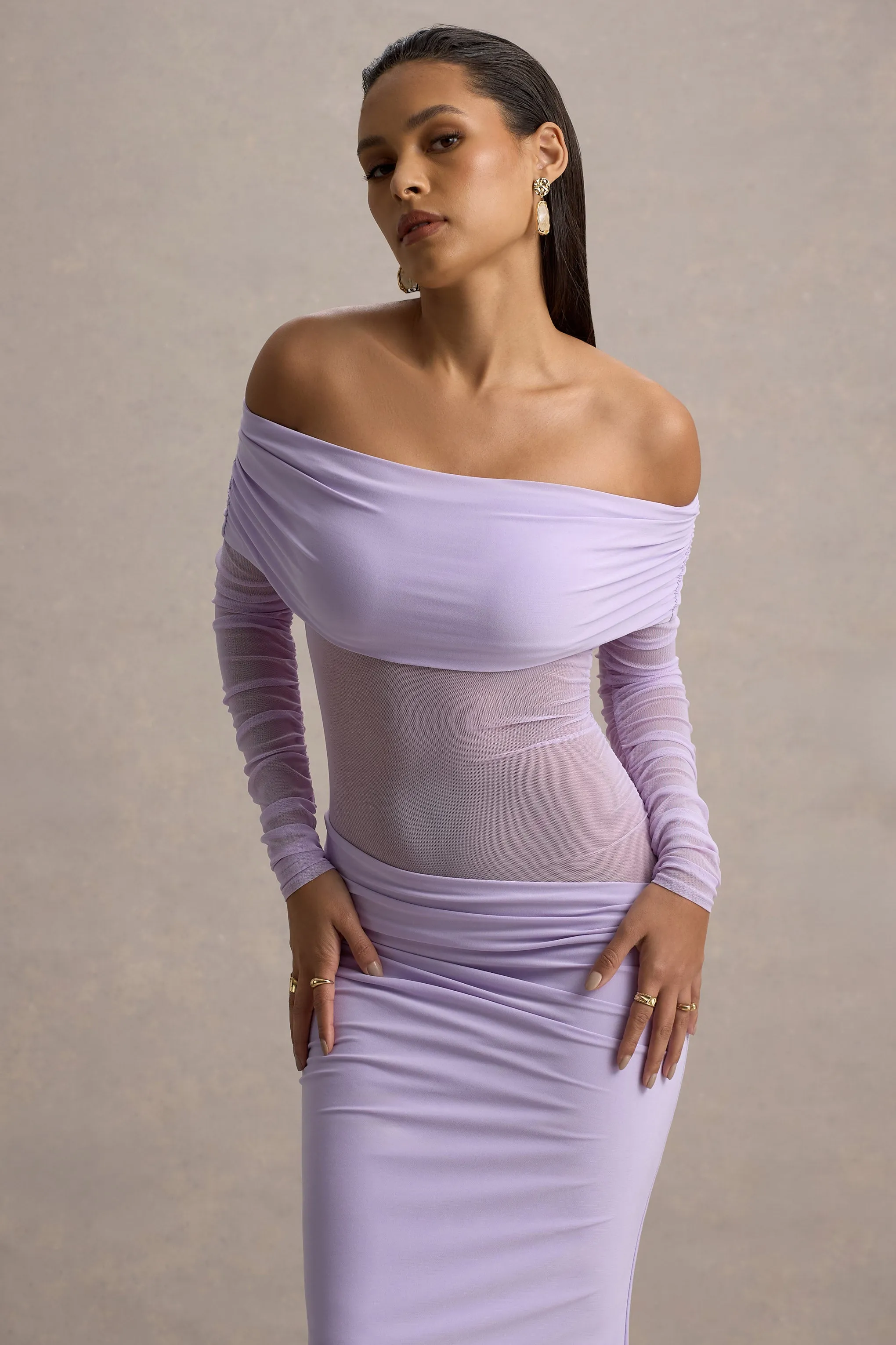 Belamour | Lavender Semi-Sheer Bardot Gathered Maxi Dress sold by Club L London product image thumbnail 3