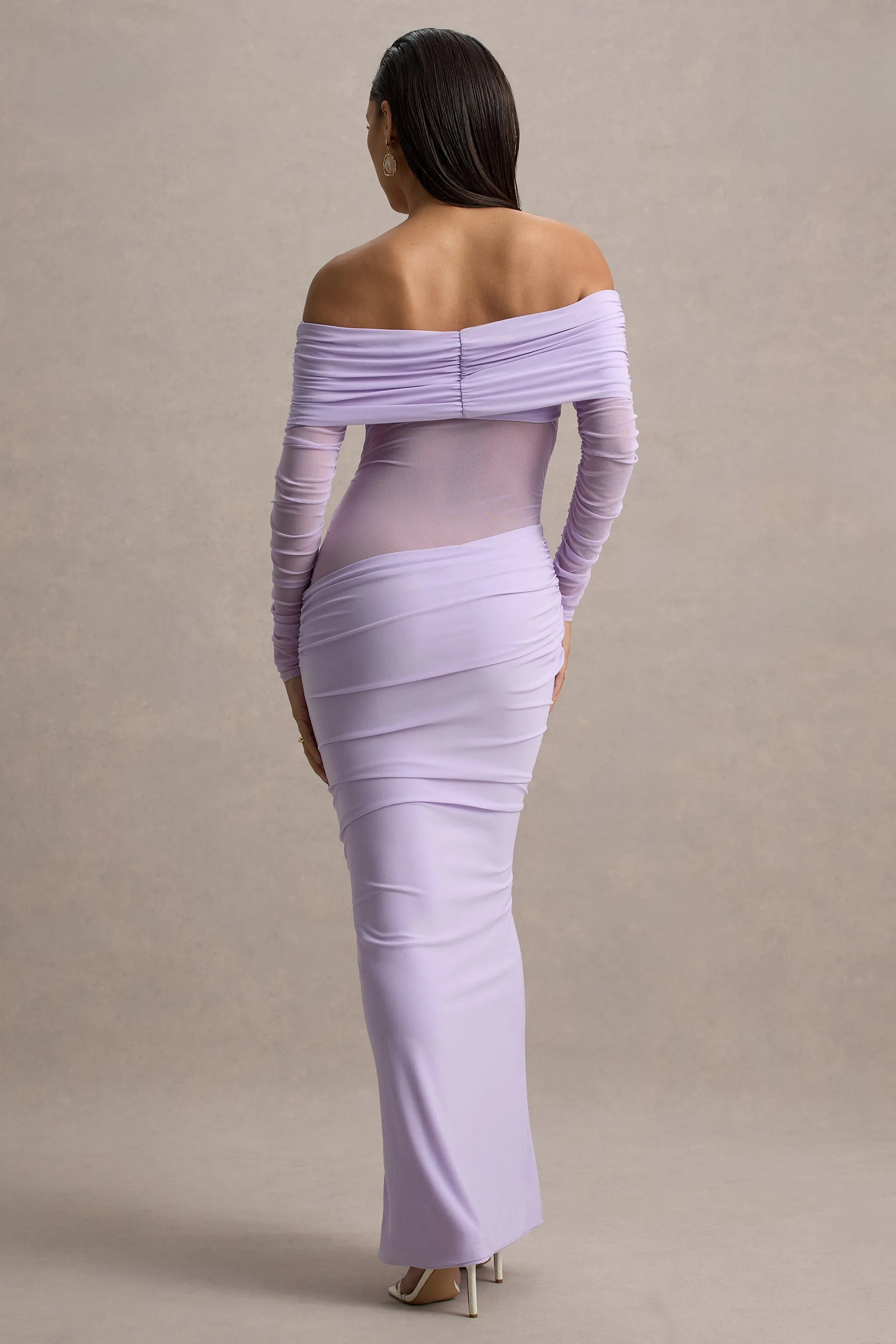 Belamour | Lavender Semi-Sheer Bardot Gathered Maxi Dress sold by Club L London product image thumbnail 2