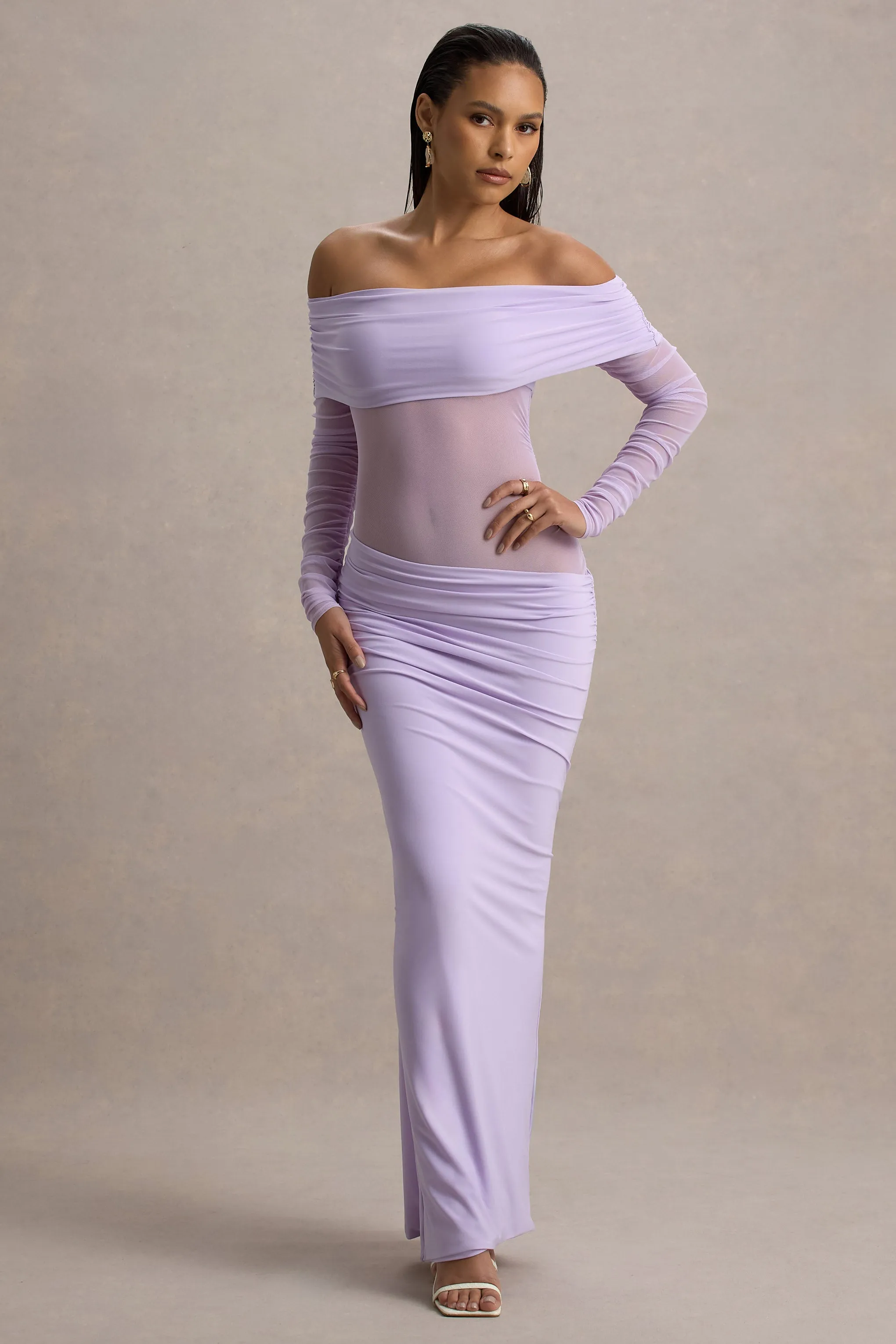 Belamour | Lavender Semi-Sheer Bardot Gathered Maxi Dress sold by Club L London product image thumbnail 5