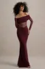 Ismeralda | Burgundy Mesh Ruched Bardot Maxi Dress sold by Club L London