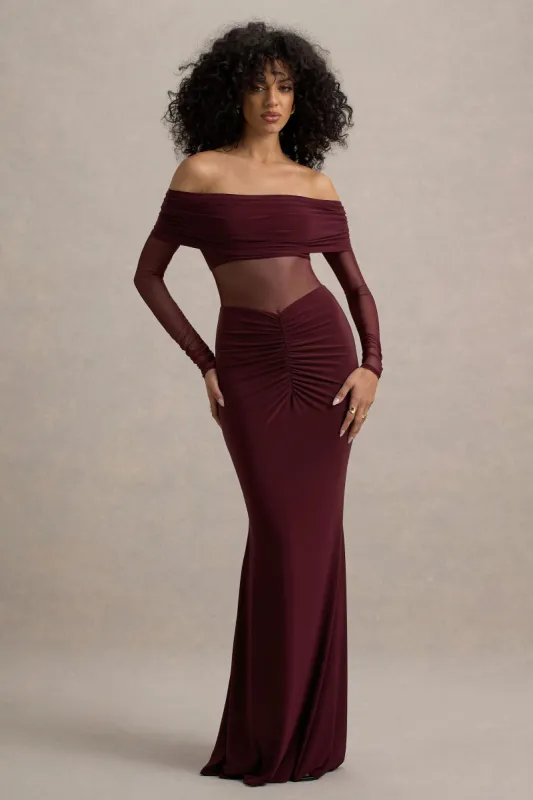 Ismeralda | Burgundy Mesh Ruched Bardot Maxi Dress sold by Club L London