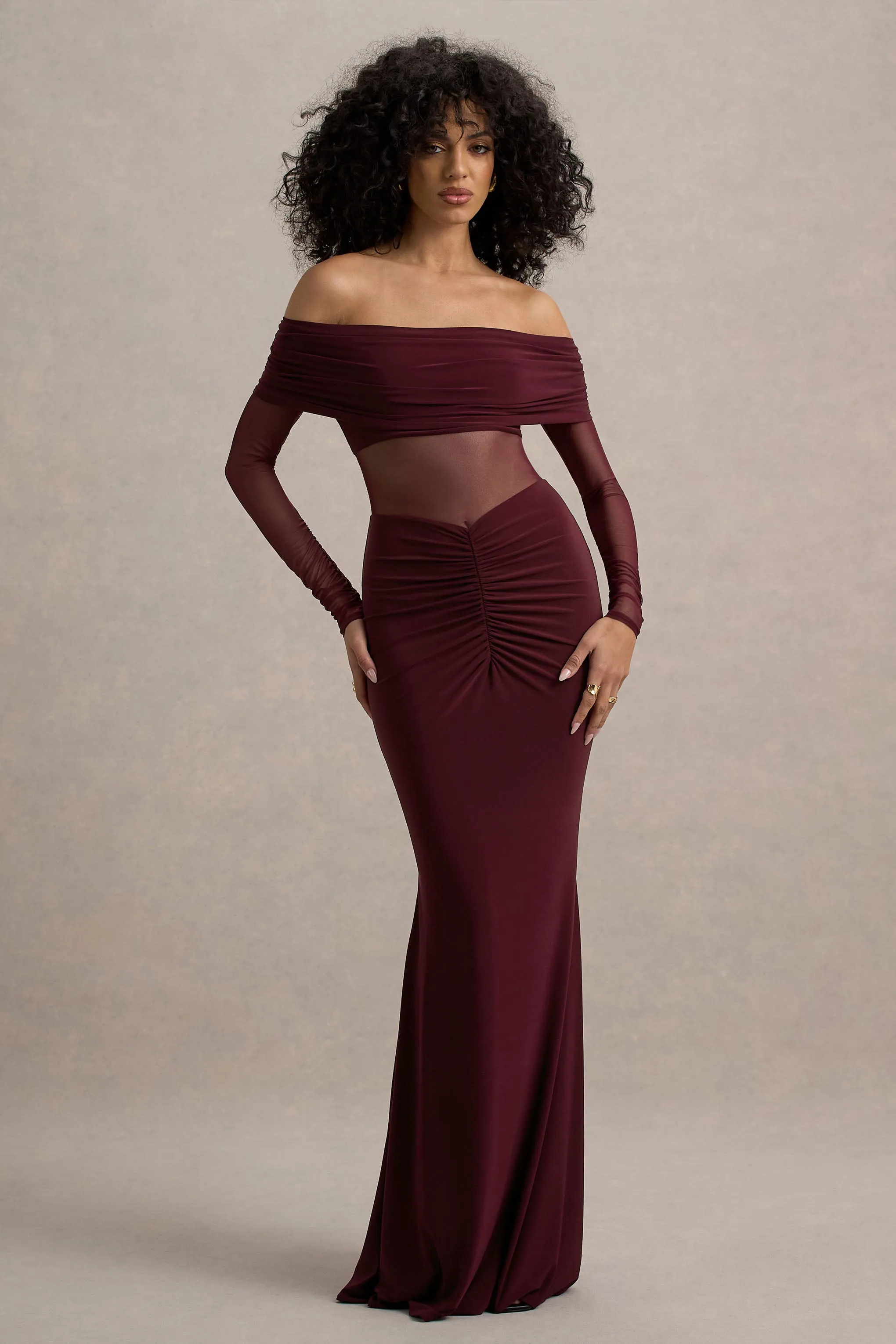 Ismeralda | Burgundy Mesh Ruched Bardot Maxi Dress sold by Club L London