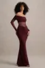 Ismeralda | Burgundy Mesh Ruched Bardot Maxi Dress sold by Club L London