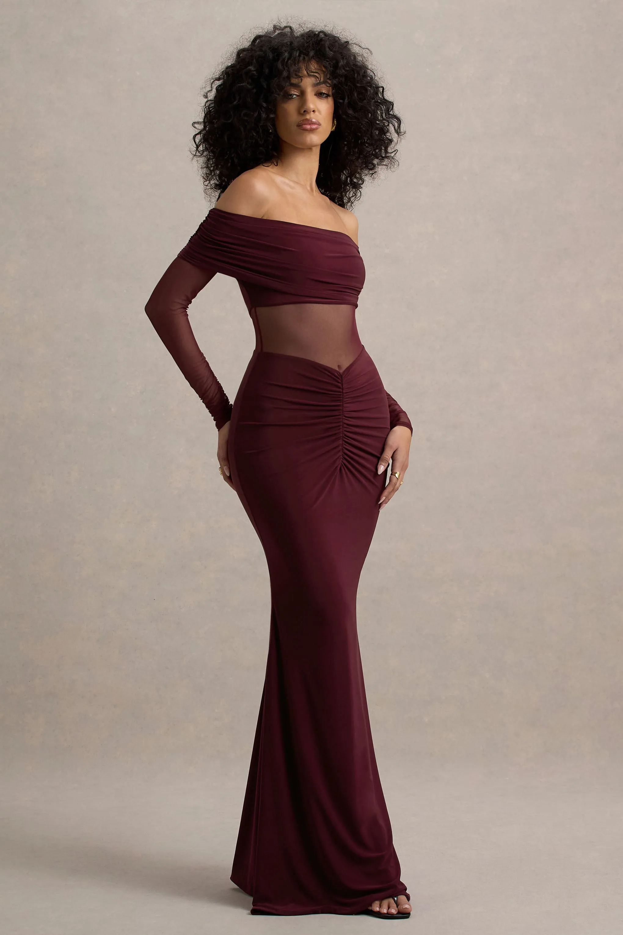 Ismeralda | Burgundy Mesh Ruched Bardot Maxi Dress sold by Club L London product image thumbnail 5