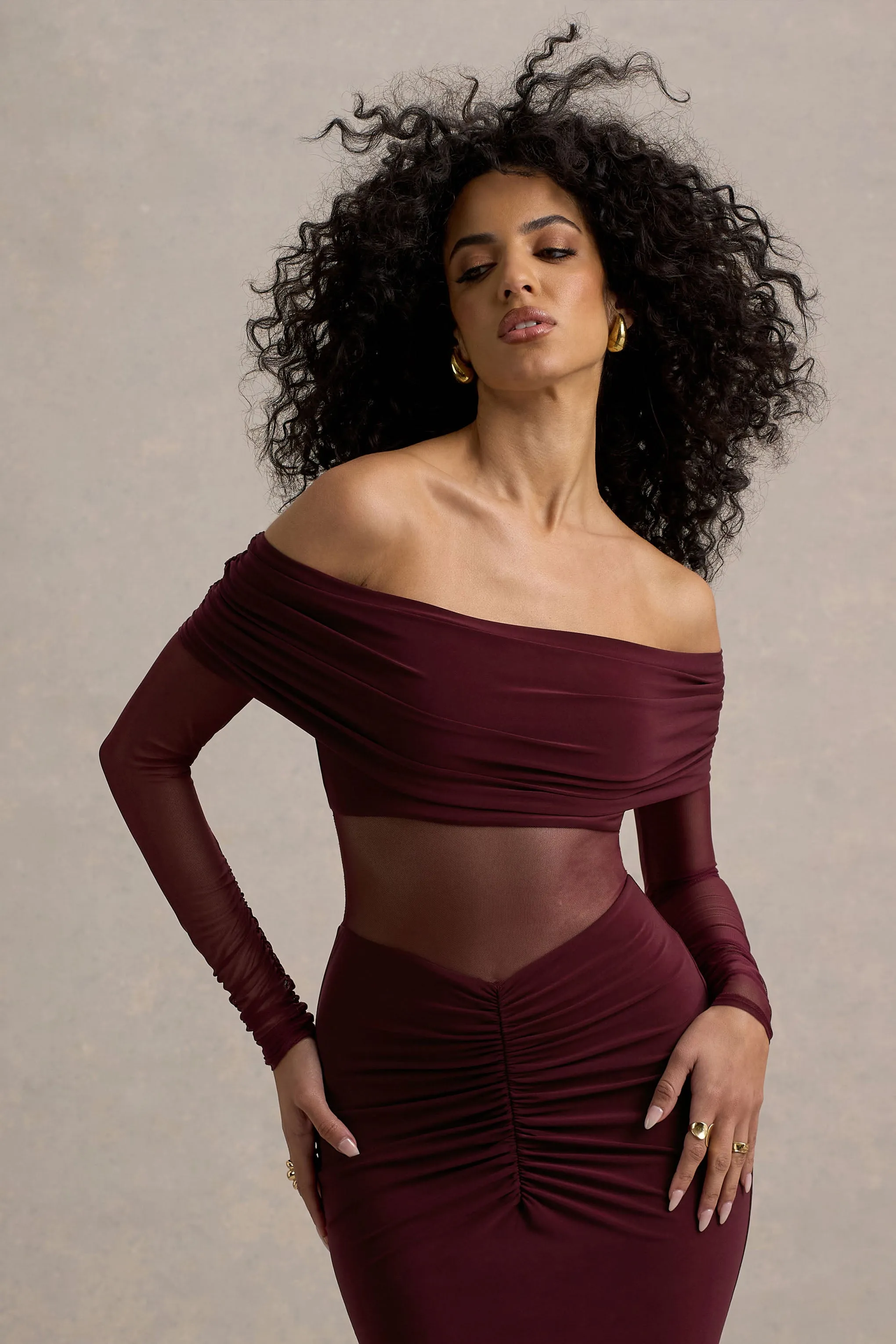 Ismeralda | Burgundy Mesh Ruched Bardot Maxi Dress sold by Club L London product image thumbnail 3
