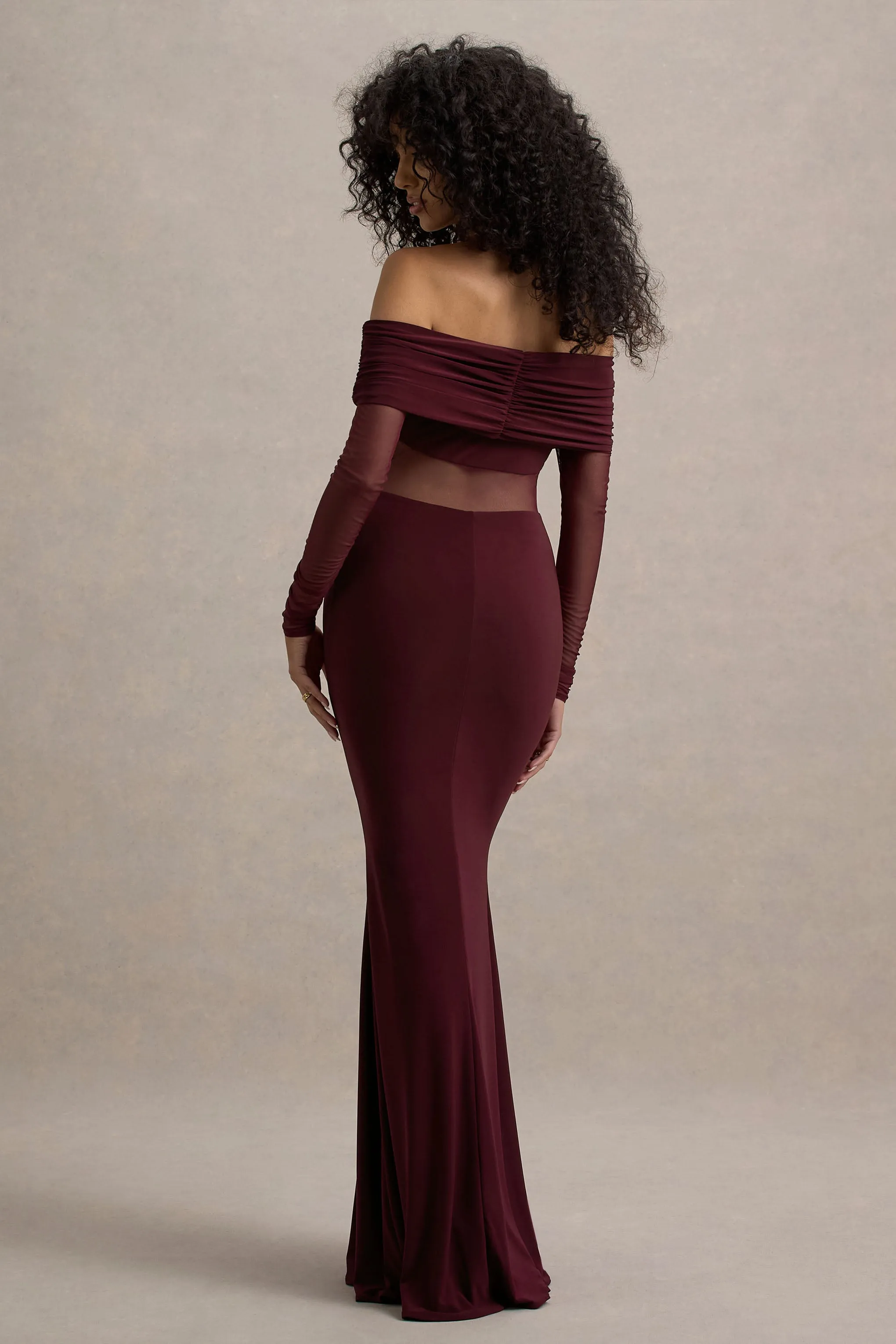 Ismeralda | Burgundy Mesh Ruched Bardot Maxi Dress sold by Club L London product image thumbnail 2