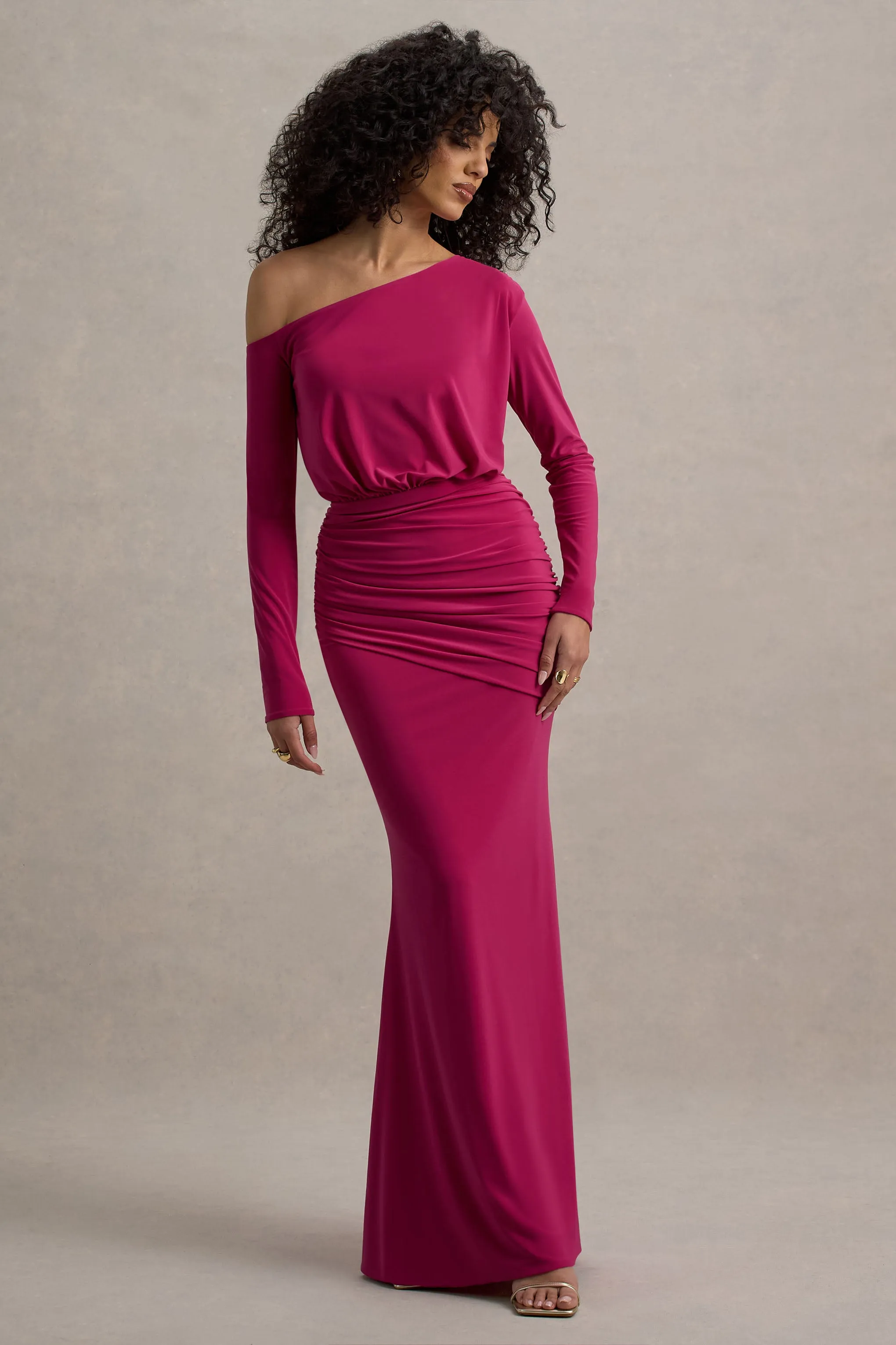 Deanna | Hot Pink Asymmetric Long-Sleeve Ruched Maxi Dress sold by Club L London