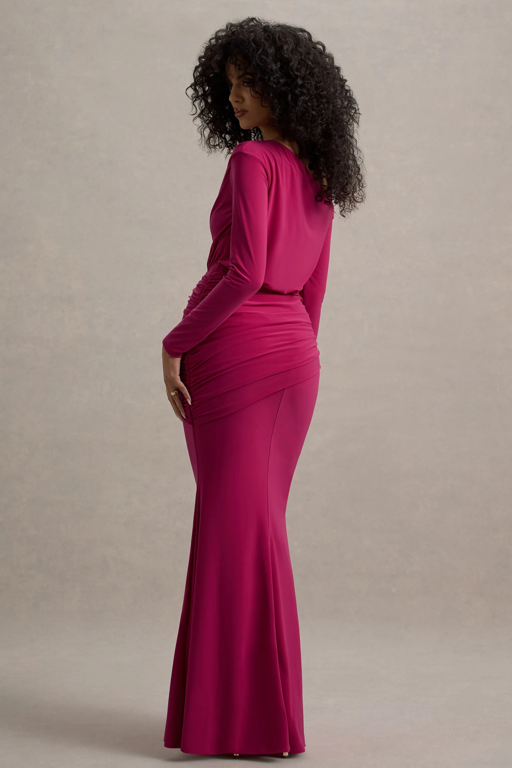 Deanna | Hot Pink Asymmetric Long-Sleeve Ruched Maxi Dress sold by Club L London product image thumbnail 2