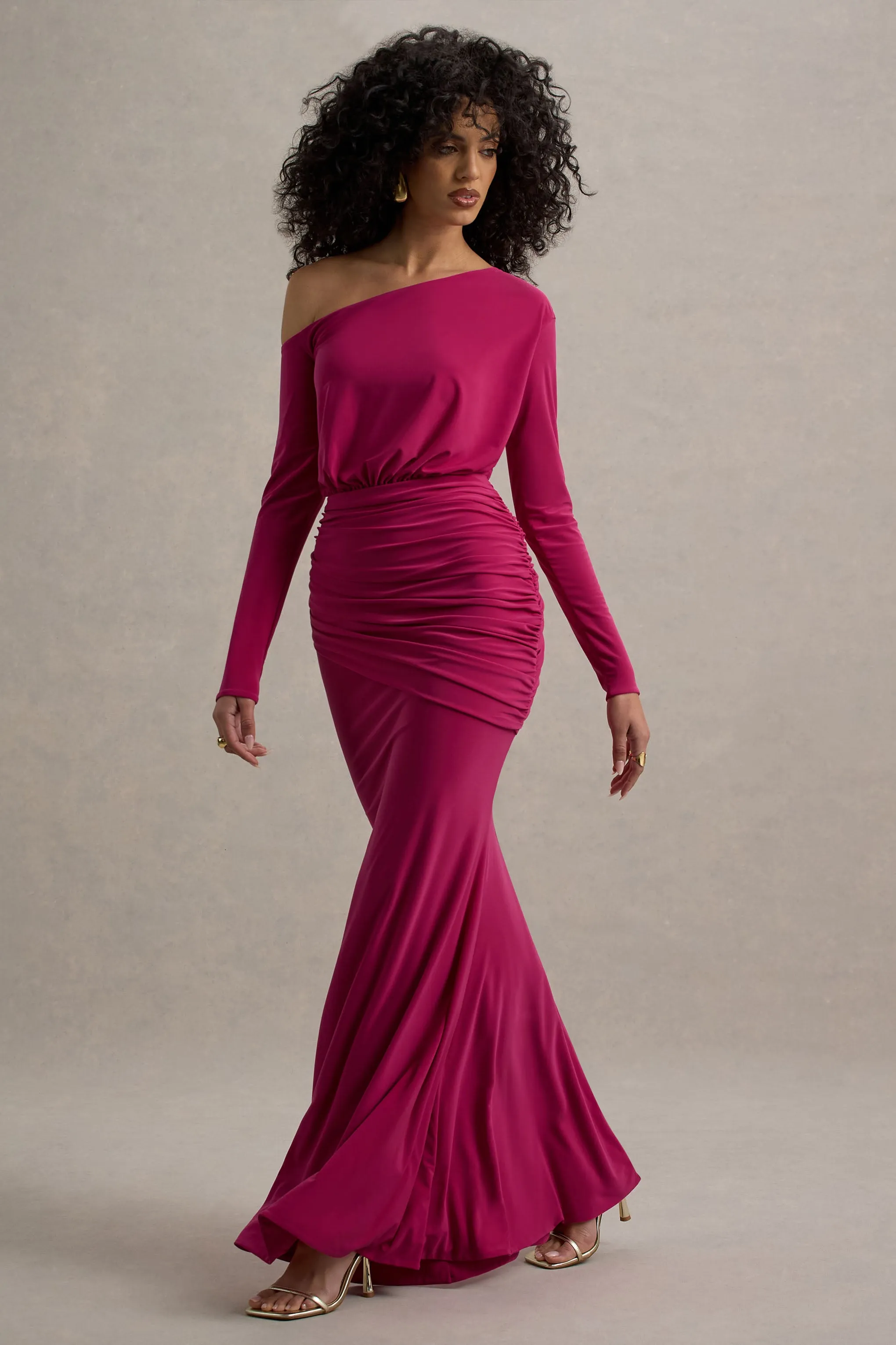 Deanna | Hot Pink Asymmetric Long-Sleeve Ruched Maxi Dress sold by Club L London product image thumbnail 4