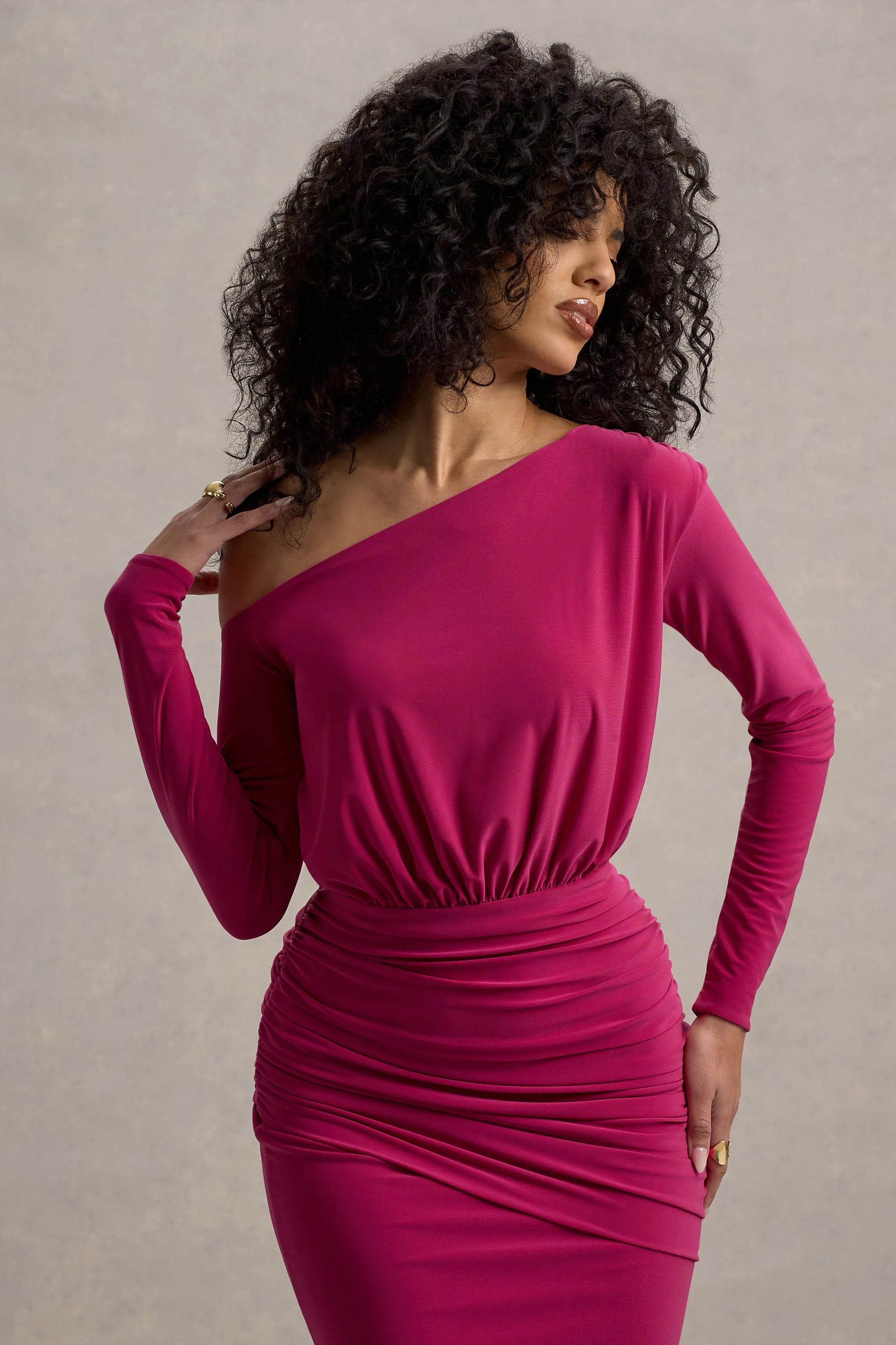 Deanna | Hot Pink Asymmetric Long-Sleeve Ruched Maxi Dress sold by Club L London product image thumbnail 3