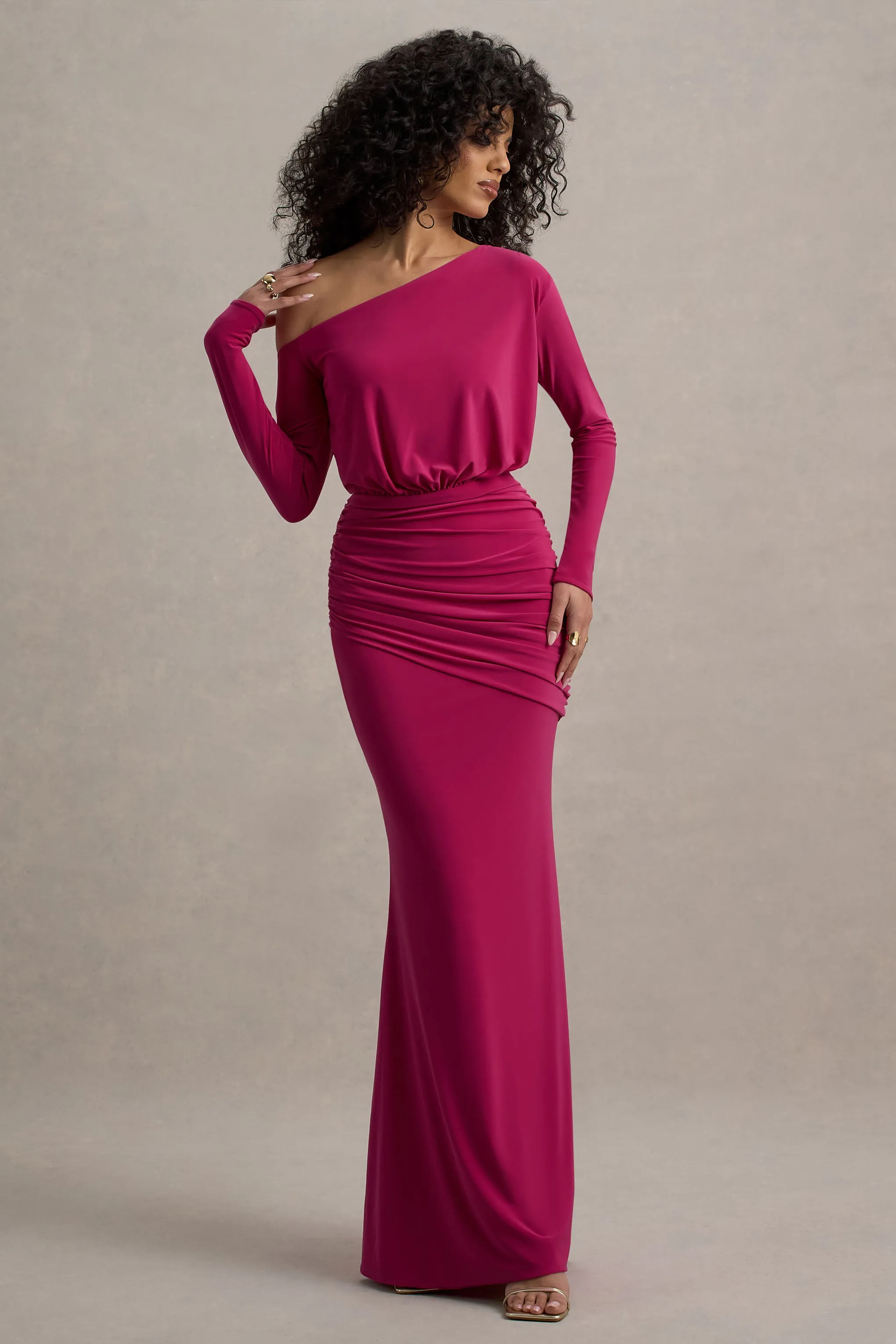 Deanna | Hot Pink Asymmetric Long-Sleeve Ruched Maxi Dress sold by Club L London product image thumbnail 5