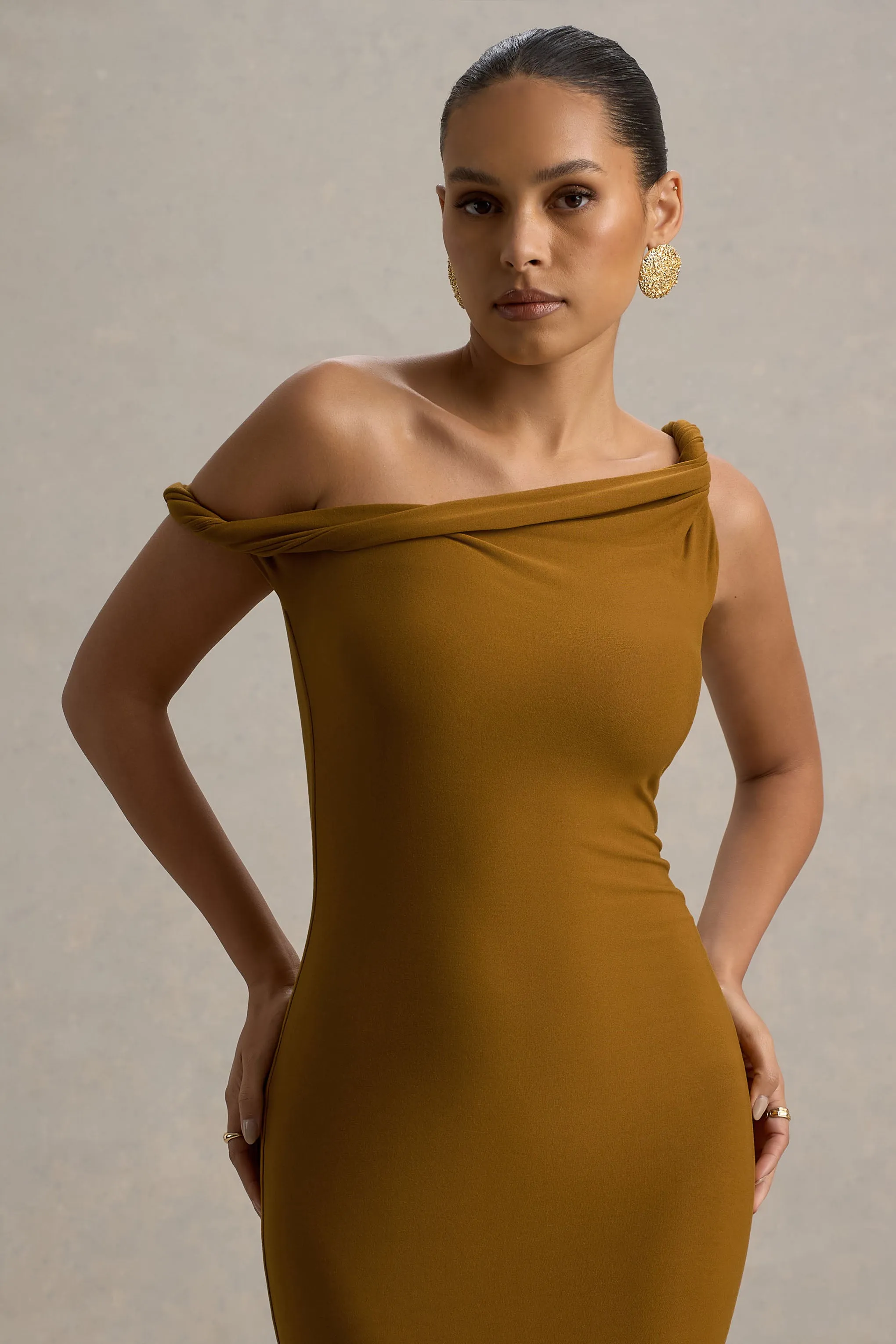 Lita | Golden Brown Twisted Asymmetric Maxi Dress sold by Club L London product image thumbnail 3