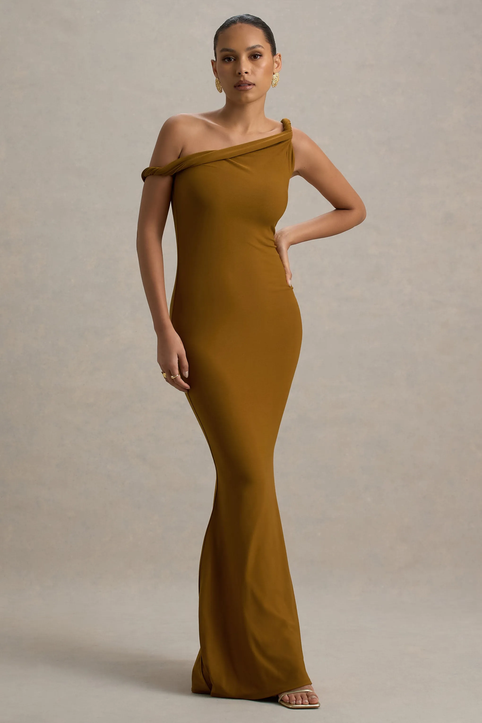 Lita | Golden Brown Twisted Asymmetric Maxi Dress sold by Club L London