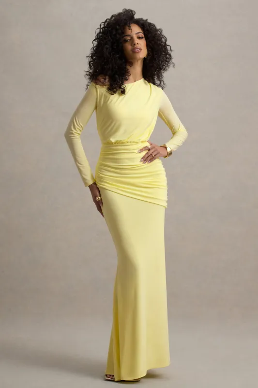 Deanna | Lemon Asymmetric Long-Sleeve Ruched Maxi Dress sold by Club L London
