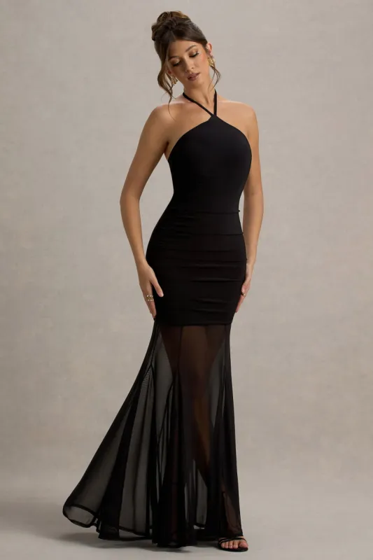Sonya | Black Halter-Neck Maxi Dress With Mesh Skirt sold by Club L London