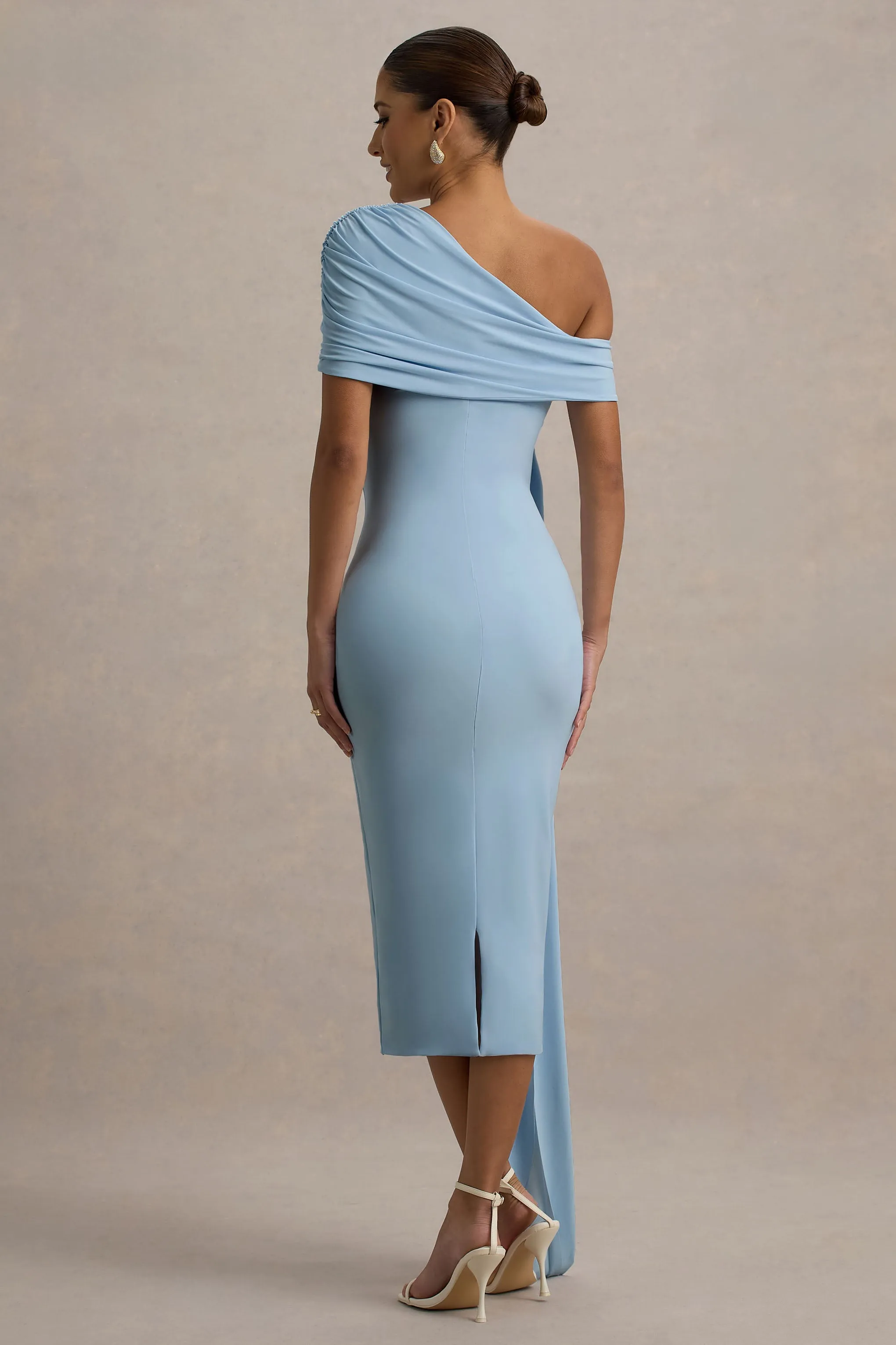 Vallea | Powder Blue One-Shoulder Draped Midi Dress sold by Club L London product image thumbnail 2