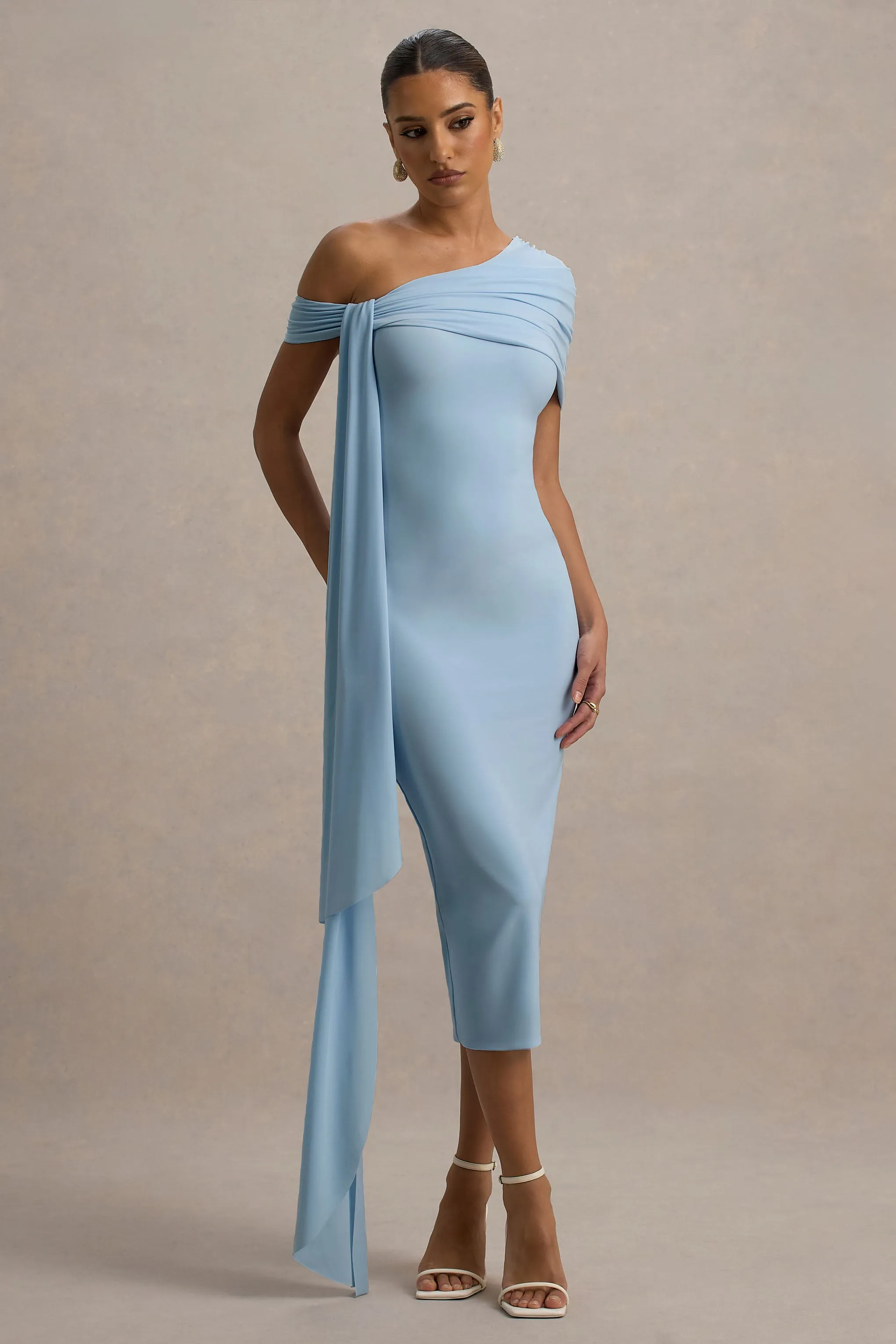 Vallea | Powder Blue One-Shoulder Draped Midi Dress sold by Club L London product image thumbnail 5