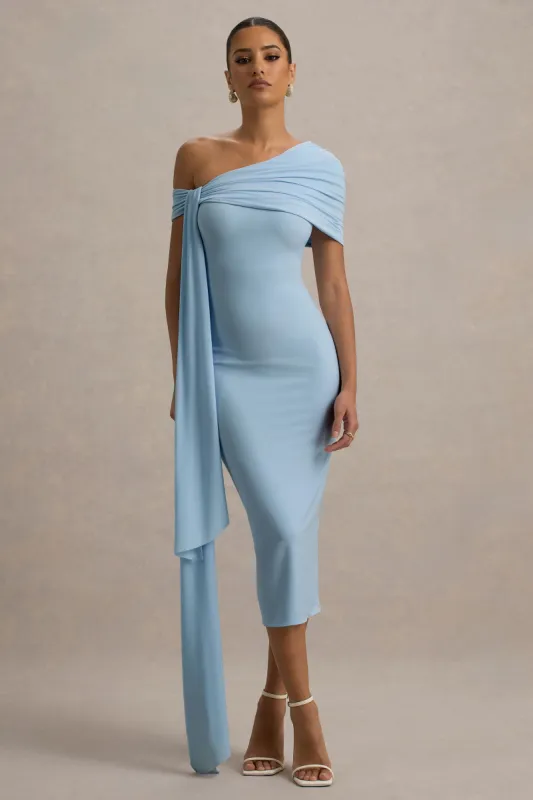 Vallea | Powder Blue One-Shoulder Draped Midi Dress sold by Club L London