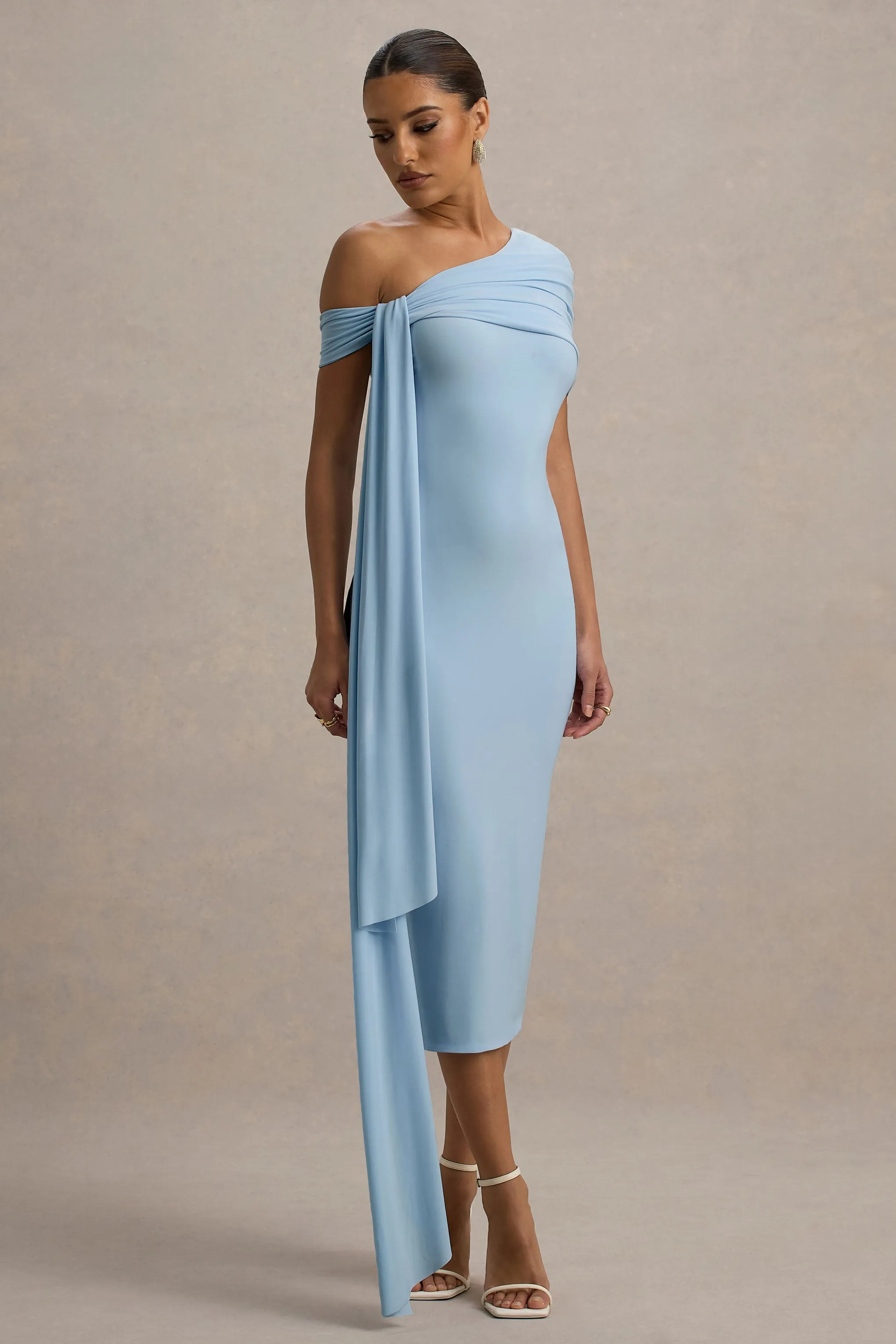 Vallea | Powder Blue One-Shoulder Draped Midi Dress sold by Club L London product image thumbnail 4