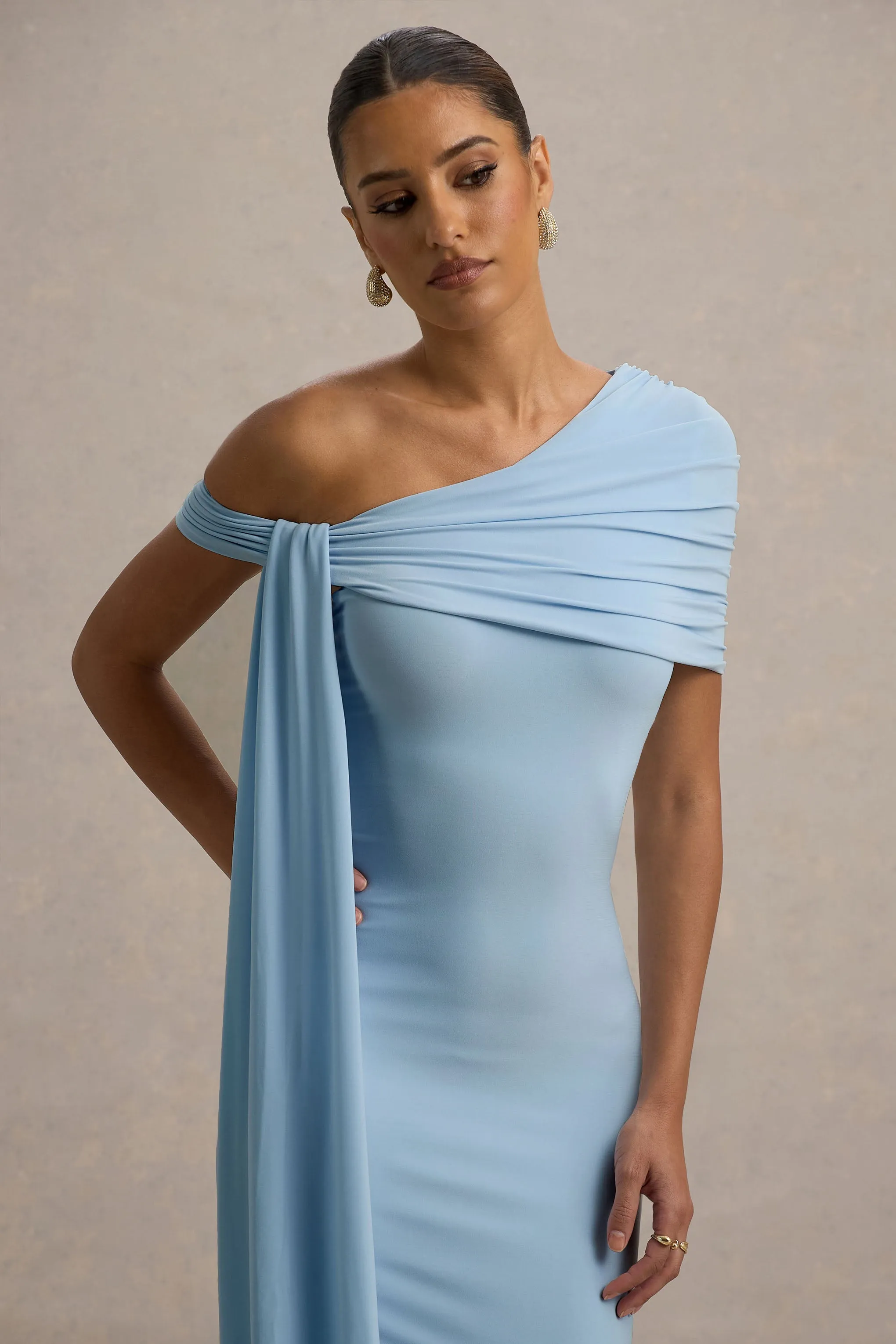 Vallea | Powder Blue One-Shoulder Draped Midi Dress sold by Club L London product image thumbnail 3