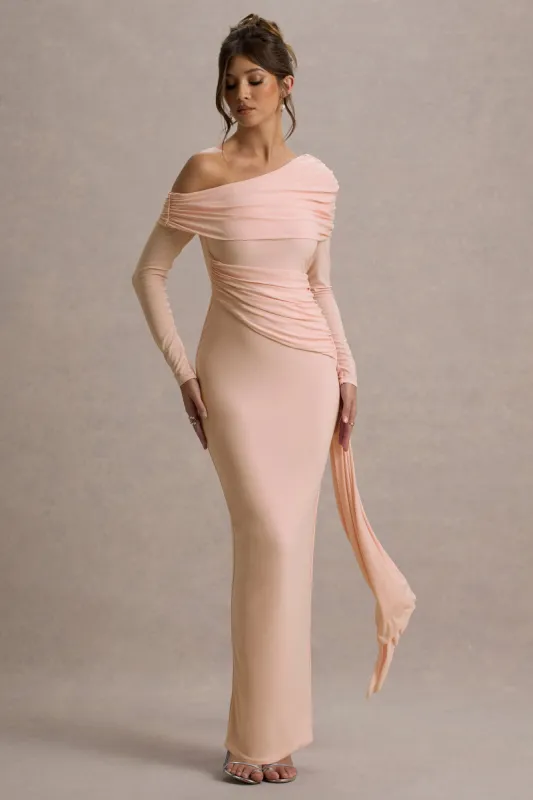 Valina | Pink Ruched Asymmetric Maxi Dress With Drape sold by Club L London