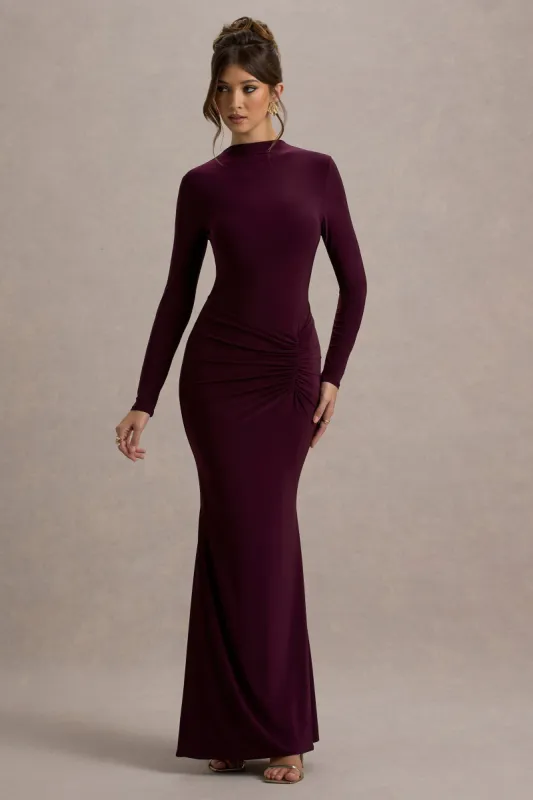 Reid | Plum Long-Sleeve Gathered Maxi Dress sold by Club L London