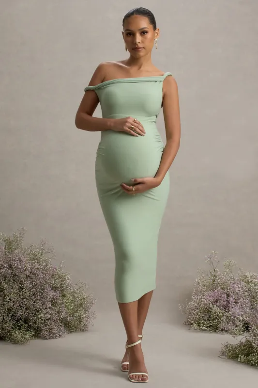 Salome | Light Green Twisted Asymmetric Maternity Midi Dress sold by Club L London