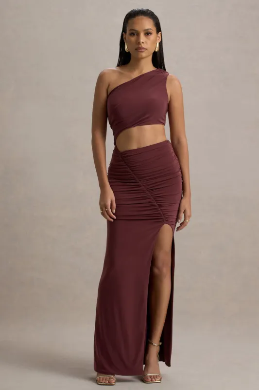 Sena | Burgundy Asymmetric Maxi Dress With Cut Out Details sold by Club L London
