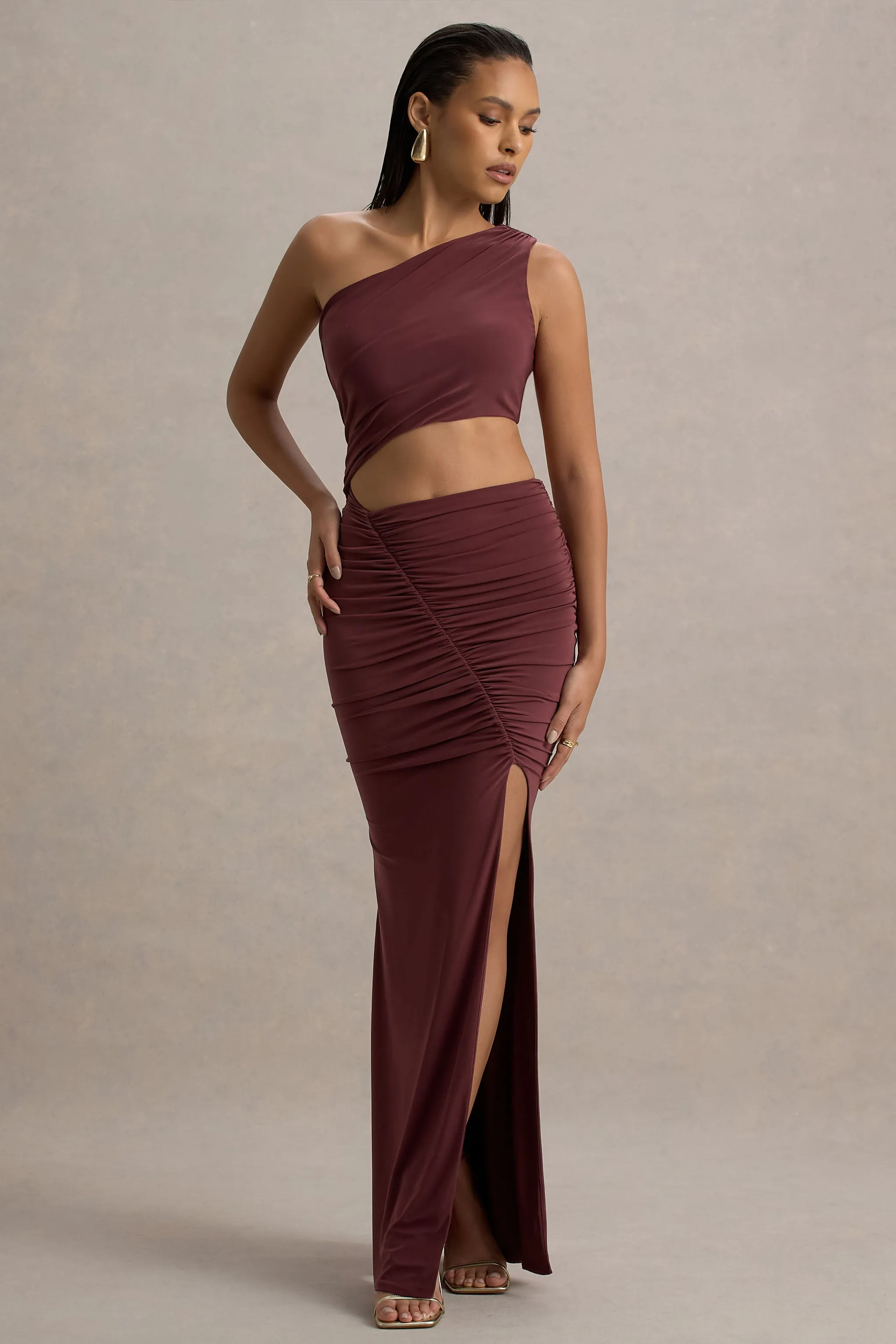 Sena | Burgundy Asymmetric Maxi Dress With Cut Out Details sold by Club L London product image thumbnail 4