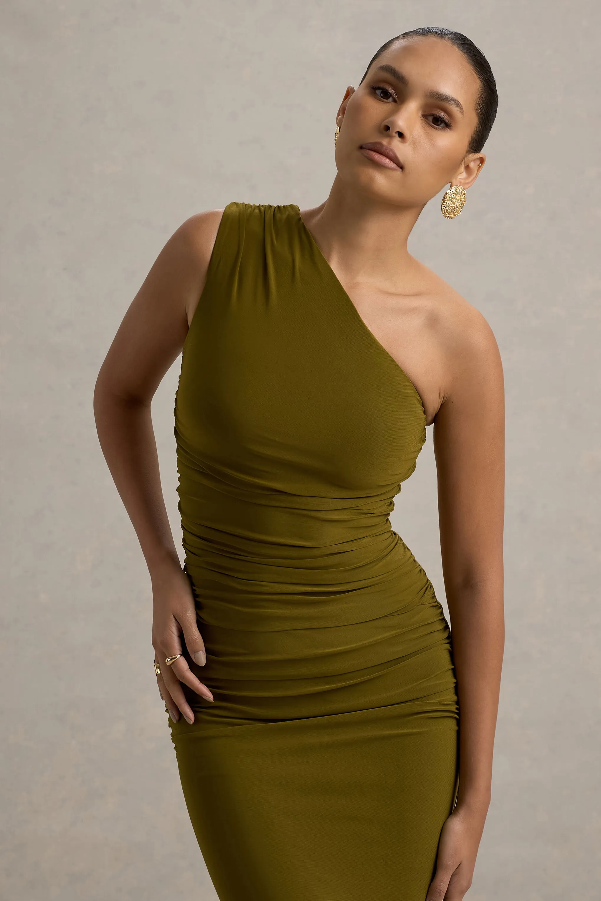 Dalarie | Green One-Shoulder Gathered Maxi Dress sold by Club L London product image thumbnail 3