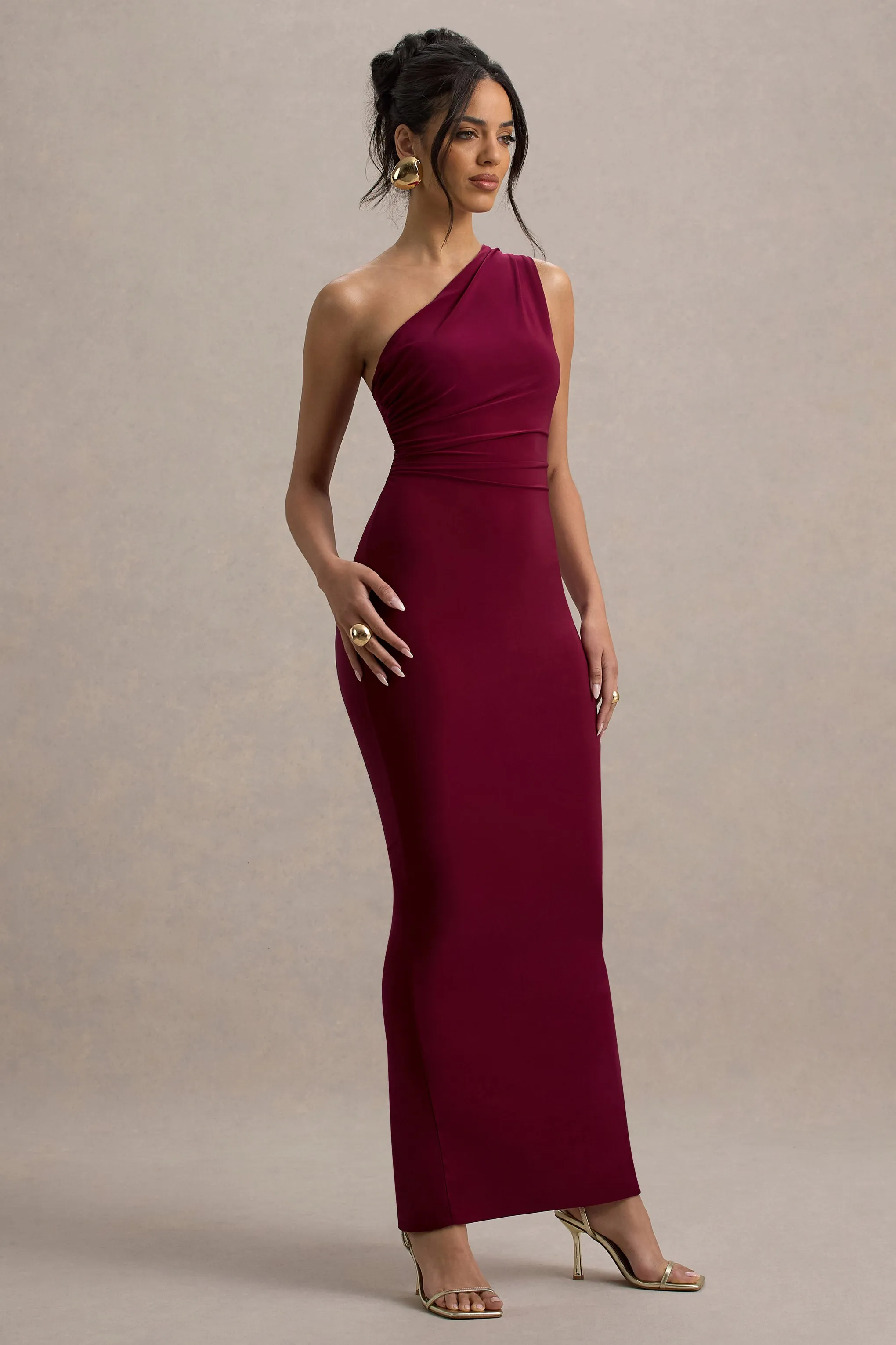 Venetia | Burgundy One-Shoulder Tie-Back Maxi Dress sold by Club L London product image thumbnail 5