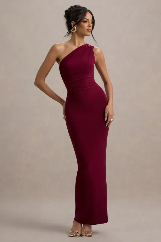 Venetia | Burgundy One-Shoulder Tie-Back Maxi Dress sold by Club L London