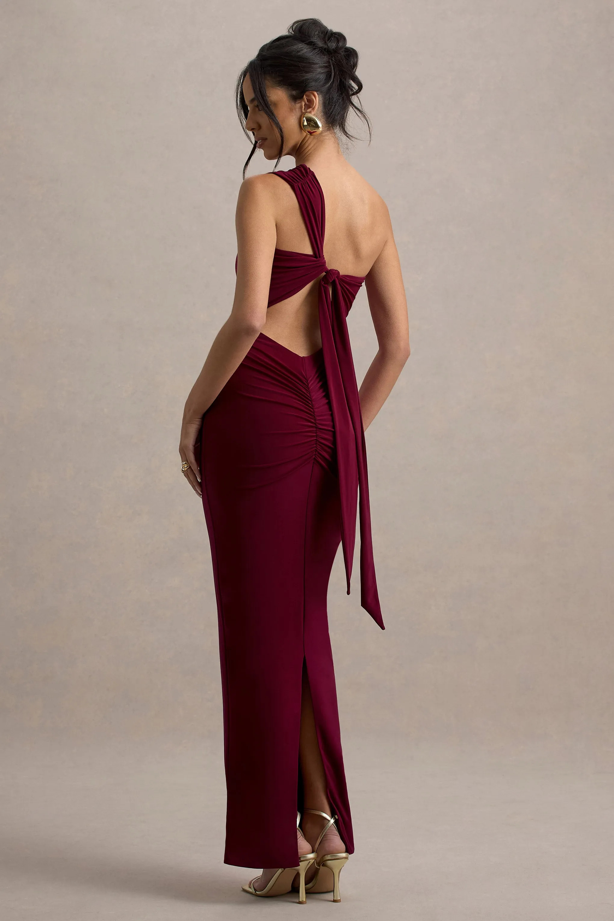 Venetia | Burgundy One-Shoulder Tie-Back Maxi Dress sold by Club L London product image thumbnail 2