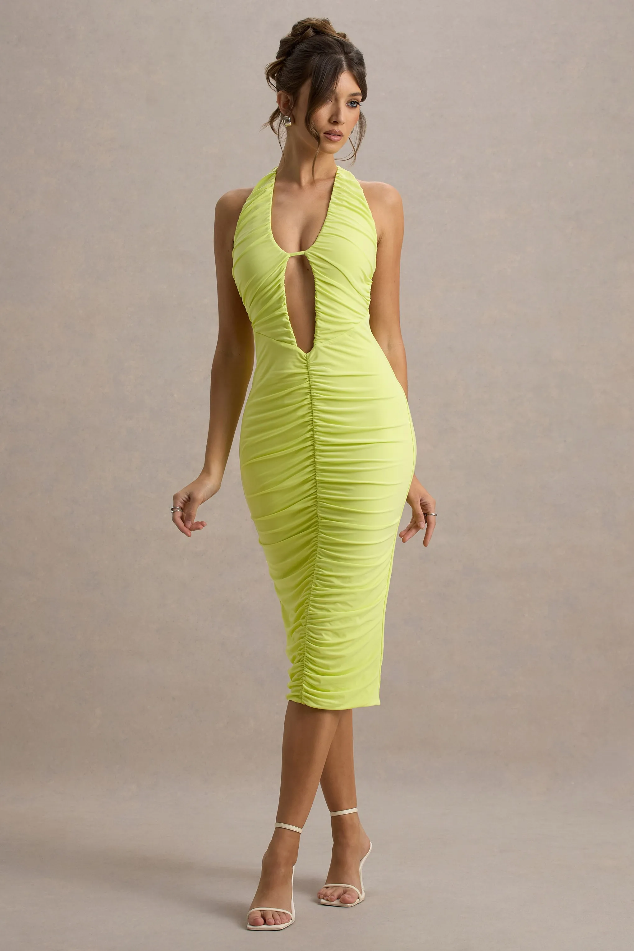 Anaisa | Lime Green Plunge Halter-Neck Midi Dress sold by Club L London