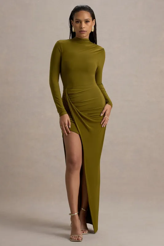 Victoria | Green Long-Sleeve Maxi Dress With Wrap Skirt sold by Club L London