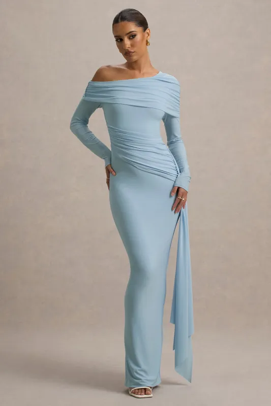 Valina | Powder Blue Ruched Asymmetric Maxi Dress With Drape sold by Club L London