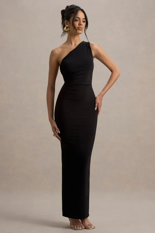 Venetia | Black One-Shoulder Tie-Back Maxi Dress sold by Club L London