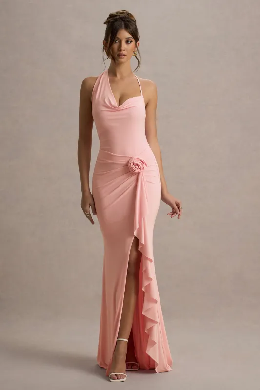 Lucena | Pink Cowl-Neck Wrap Maxi Dress With Floral Drape sold by Club L London