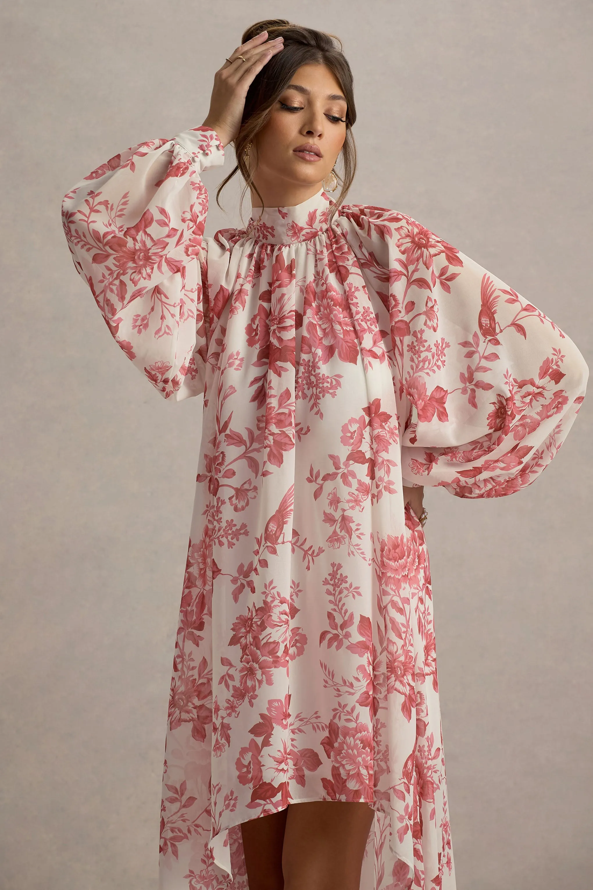 Delphia | Pink Porcelain Print High-Neck Maxi Dress With High-Low Hem sold by Club L London product image thumbnail 3