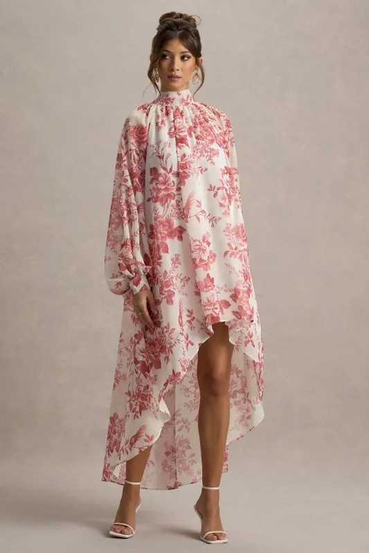 Delphia | Pink Porcelain Print High-Neck Maxi Dress With High-Low Hem sold by Club L London