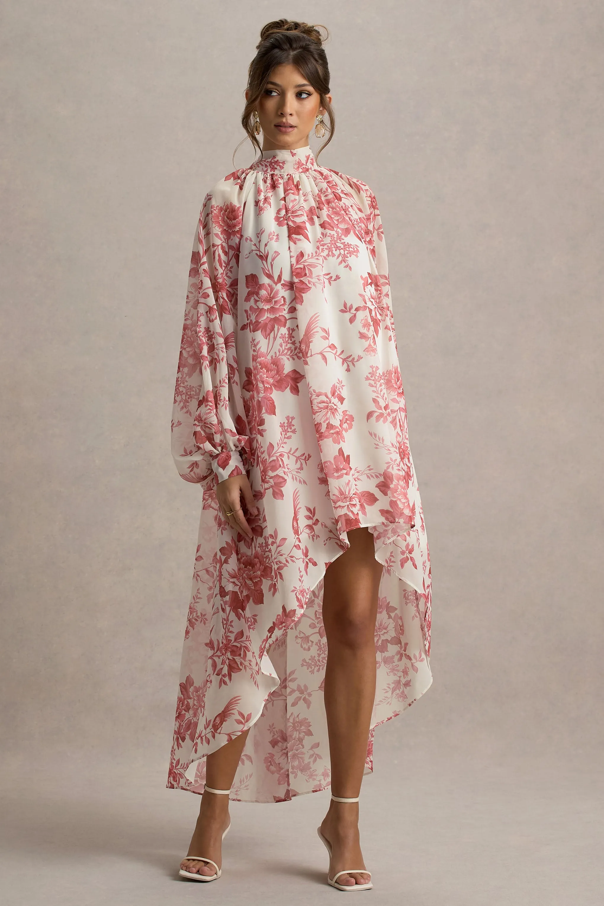 Delphia | Pink Porcelain Print High-Neck Maxi Dress With High-Low Hem sold by Club L London