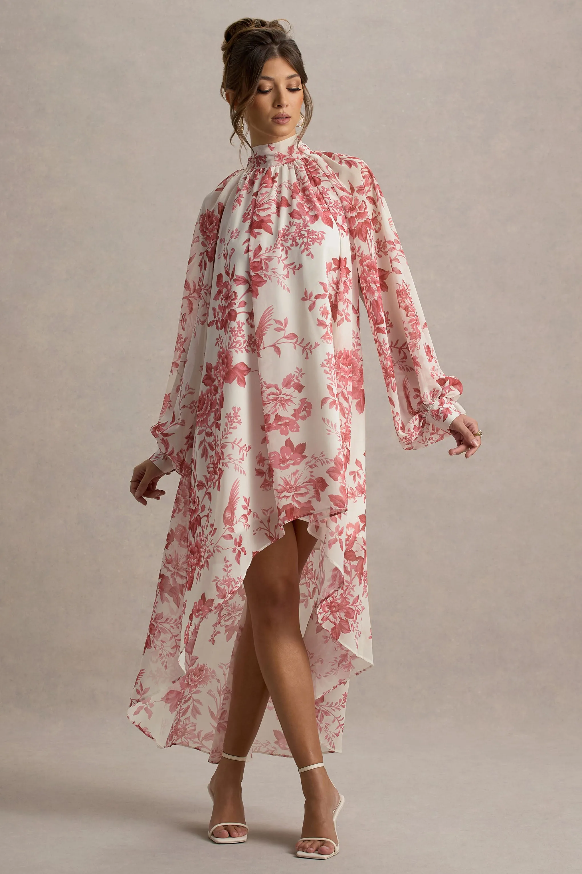 Delphia | Pink Porcelain Print High-Neck Maxi Dress With High-Low Hem sold by Club L London product image thumbnail 4