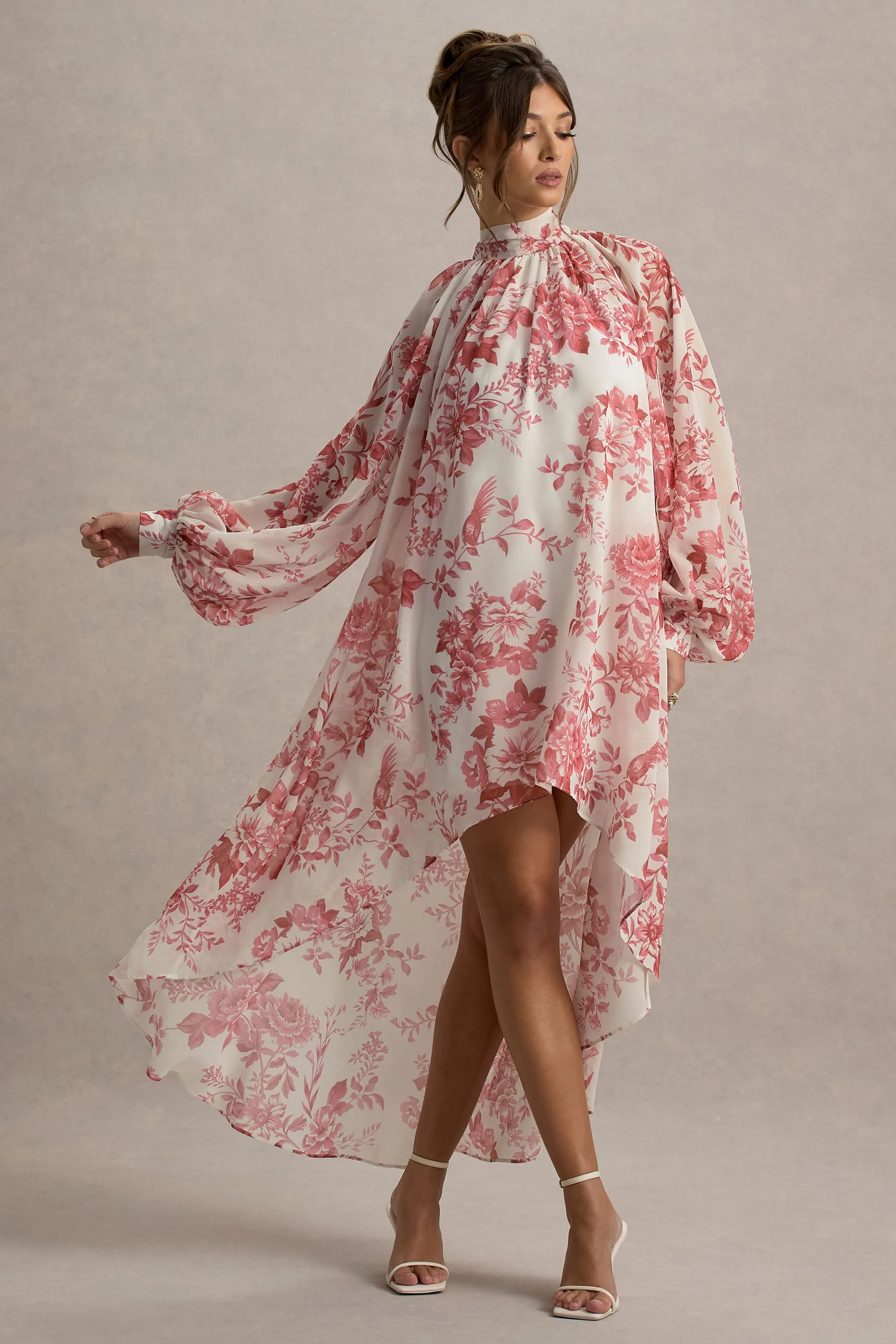 Delphia | Pink Porcelain Print High-Neck Maxi Dress With High-Low Hem sold by Club L London product image thumbnail 5