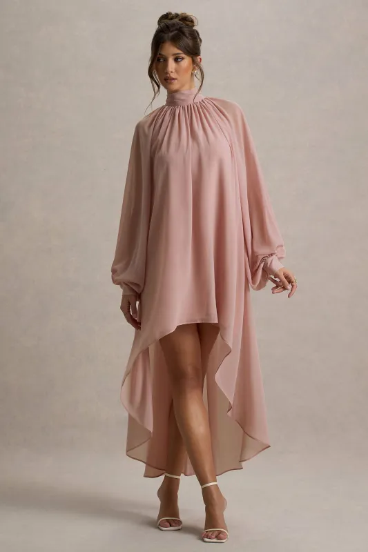 Delphia | Pale Pink High-Neck Maxi Dress With High-Low Hem sold by Club L London