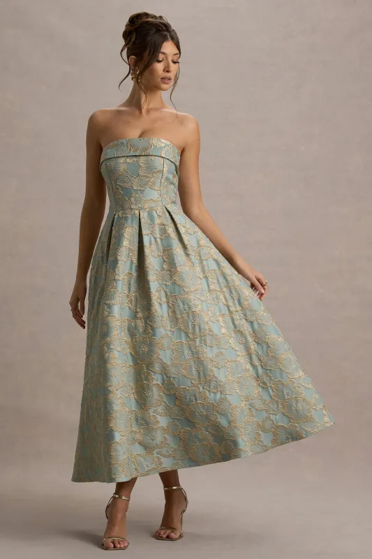 Zuma | Light Blue Jacquard Strapless Midi Dress sold by Club L London