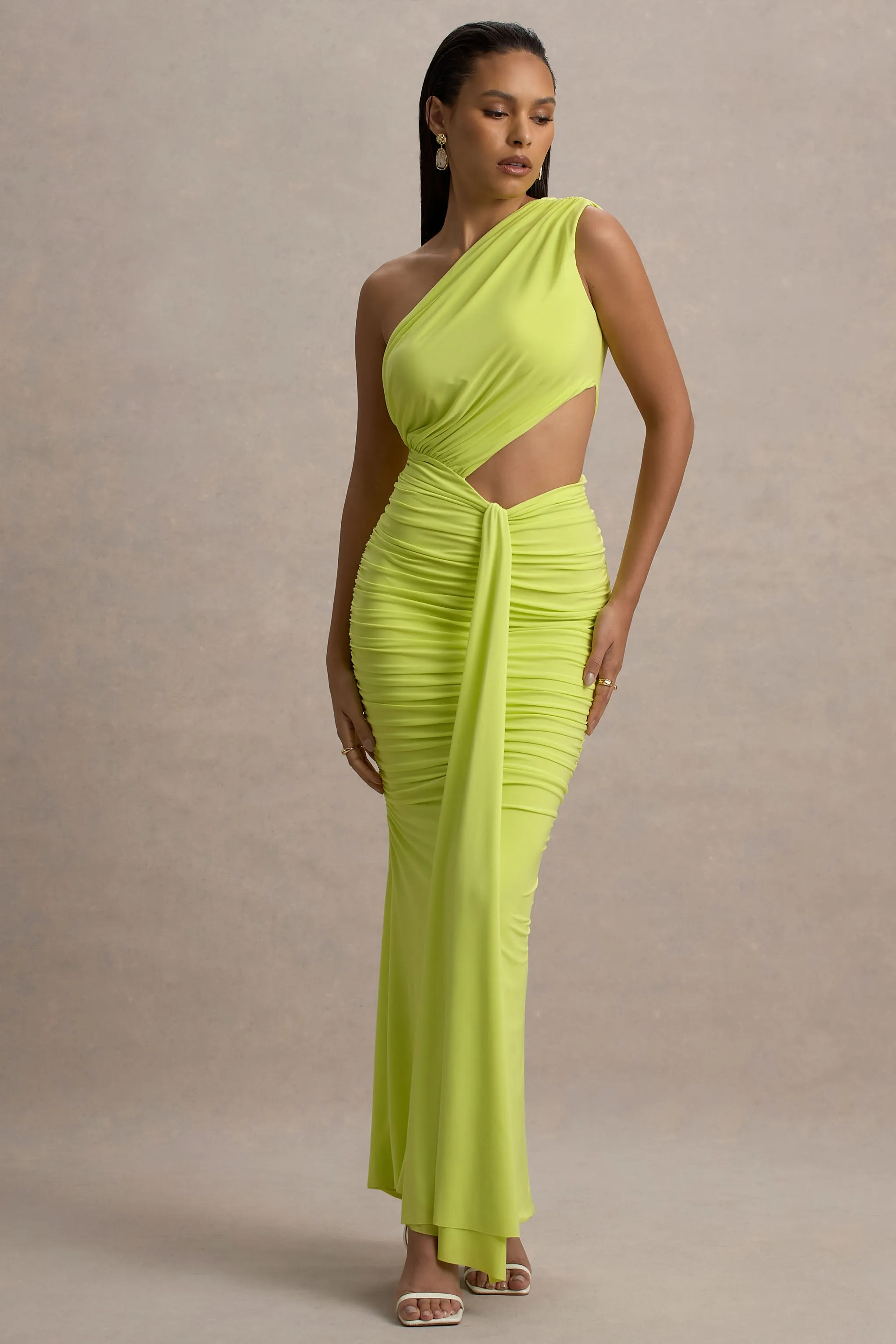 Beline | Lime Green One-Shoulder Cut-Out Maxi Dress With Drape sold by Club L London product image thumbnail 4