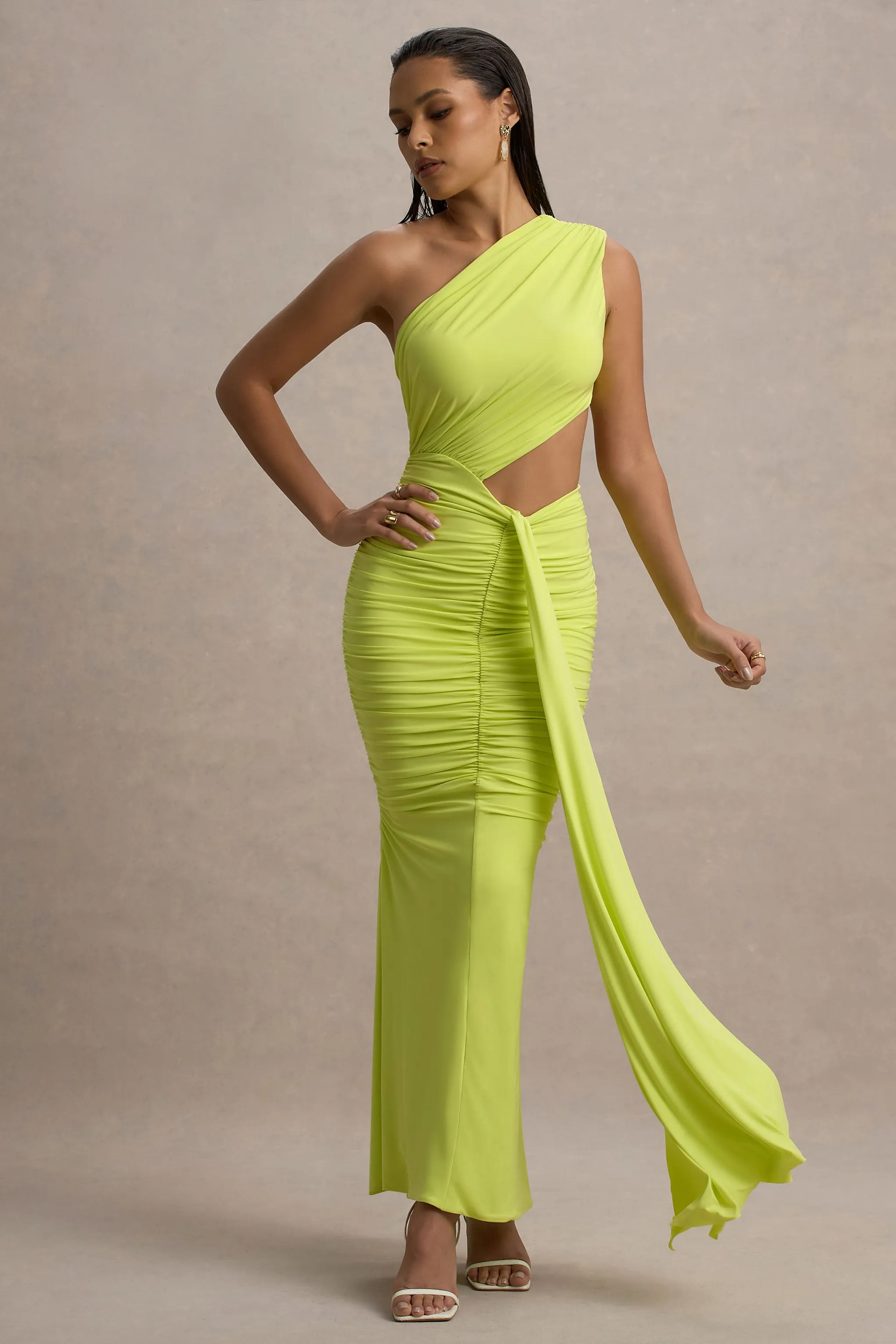 Beline | Lime Green One-Shoulder Cut-Out Maxi Dress With Drape sold by Club L London