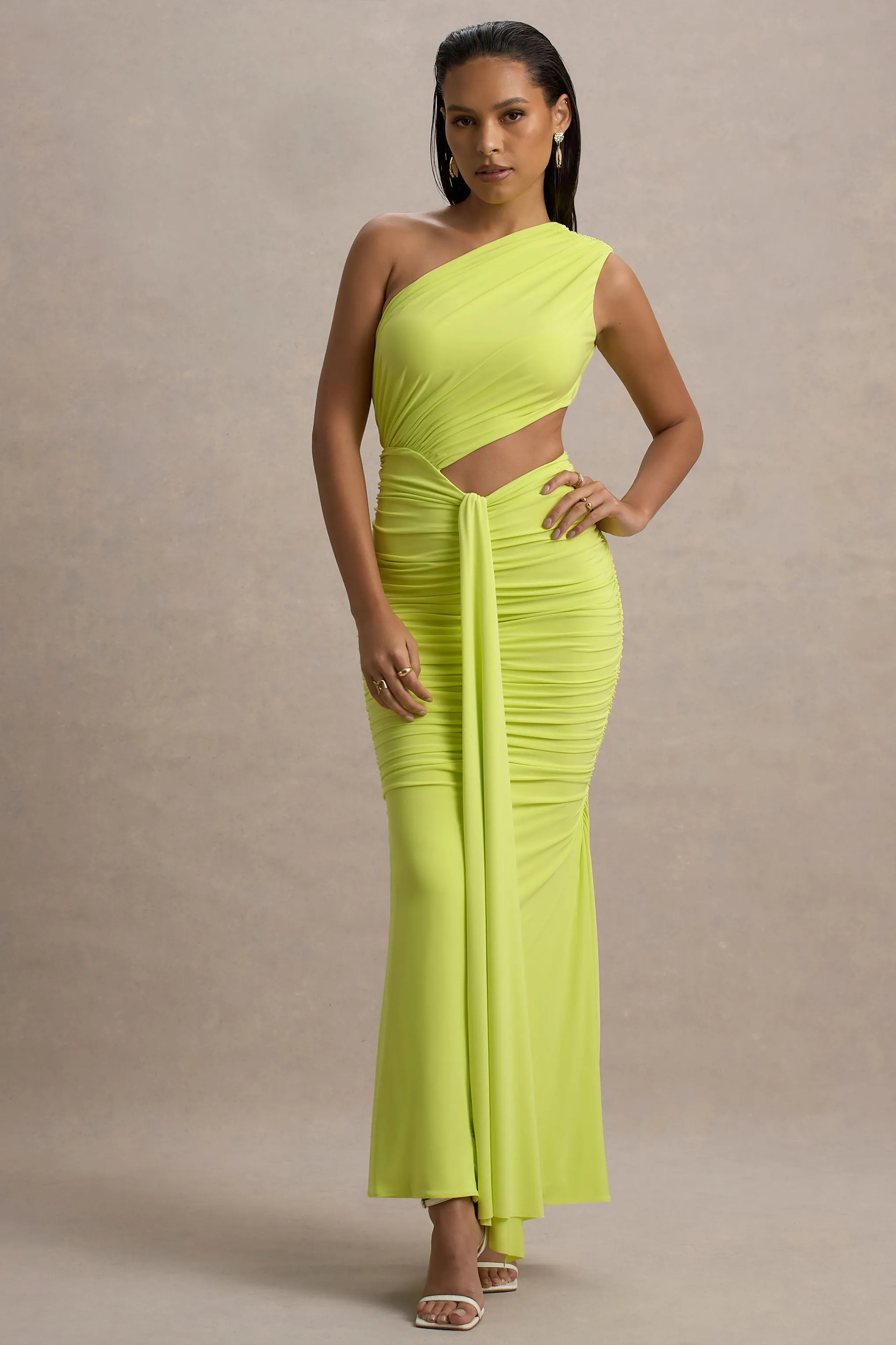 Beline | Lime Green One-Shoulder Cut-Out Maxi Dress With Drape sold by Club L London product image thumbnail 5