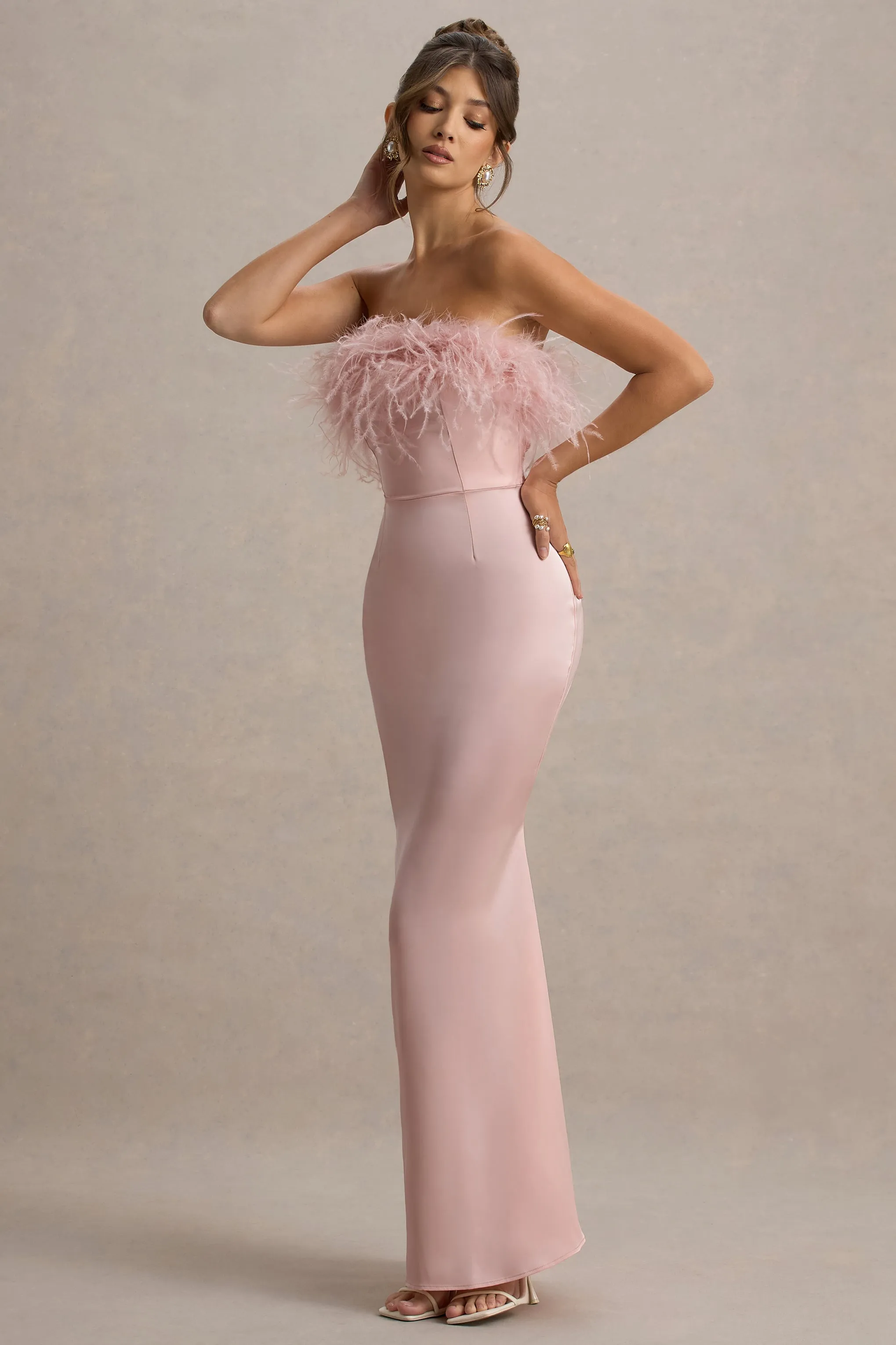 Dress For It | Pale Pink Satin Feather Trim Bandeau Maxi Dress sold by Club L London product image thumbnail 4